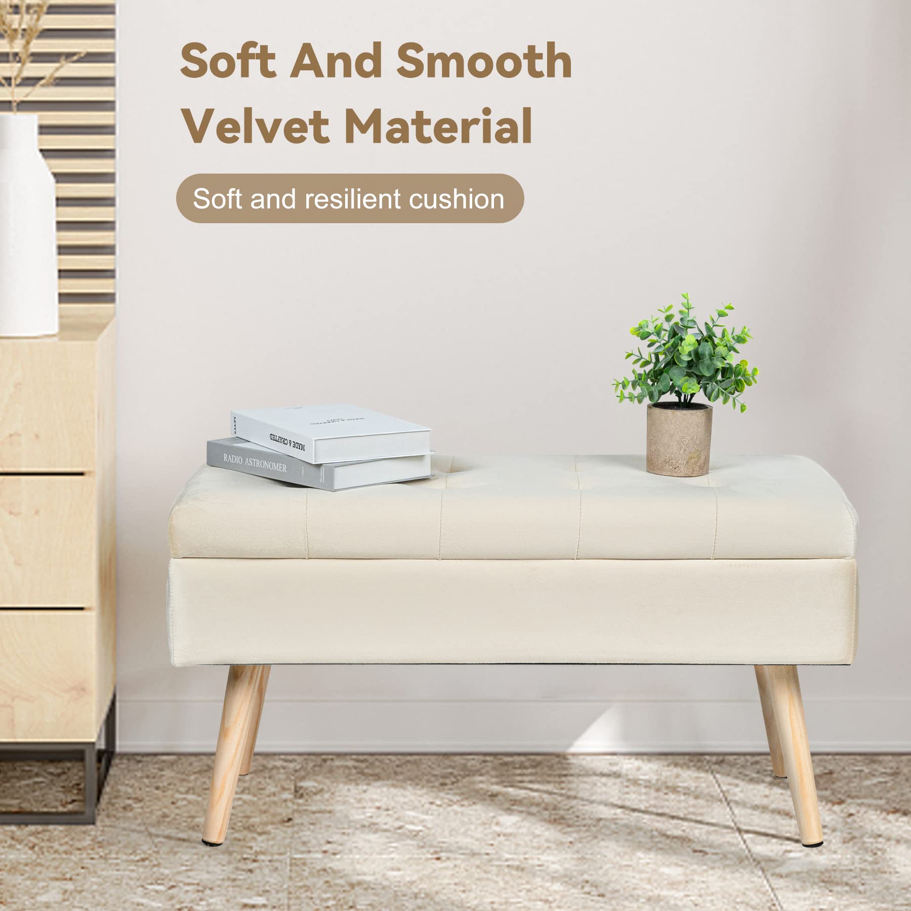 Hawthyhome Sitzbank mit Stauraum 80 × 35 × 43 cm, Sitztruhe mit Aufbewahrungsbox Truhenbank Samt Polsterbank mit Holzbeine für Flur Wohnzimmer Schlafzimmer Beige