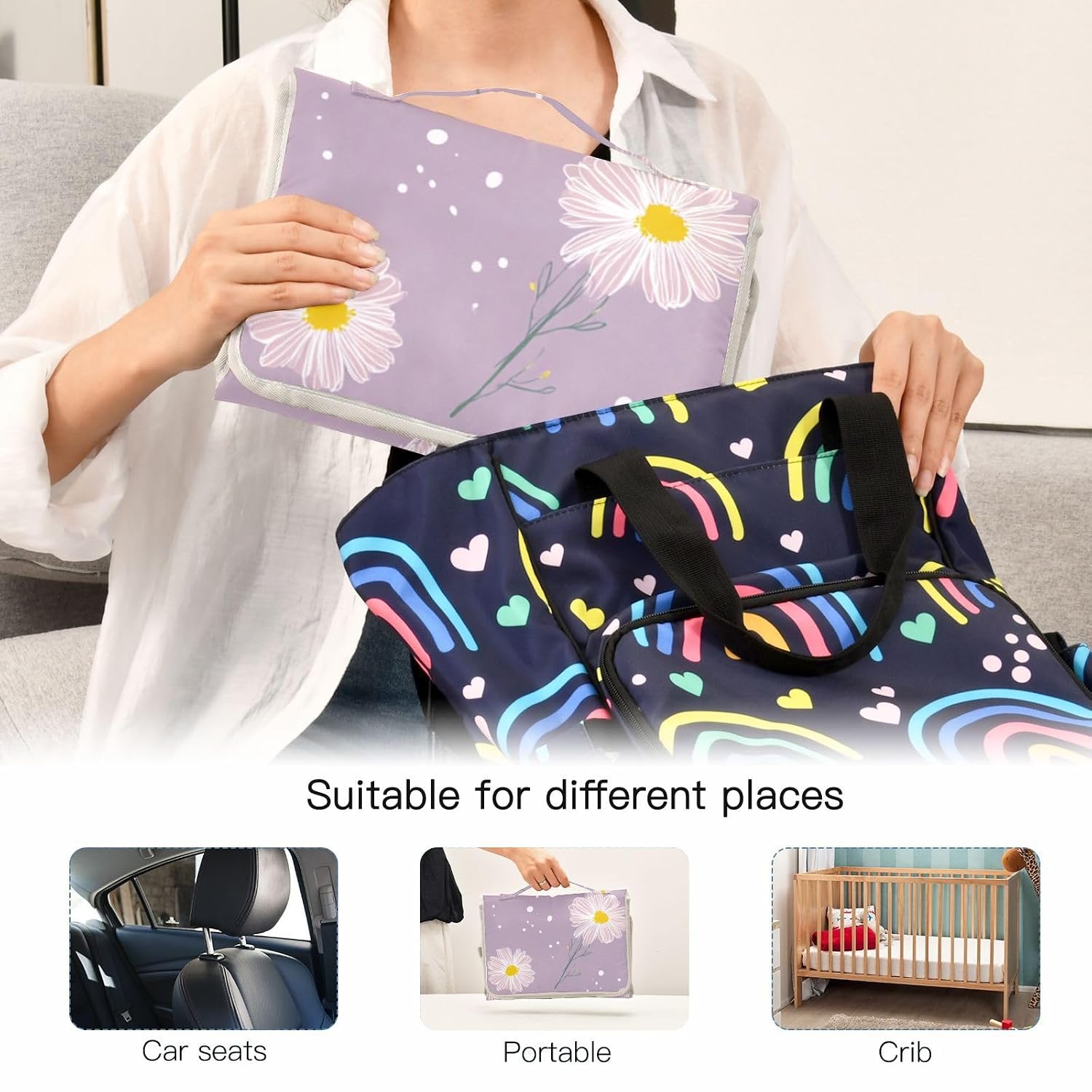 Daisy Flower Pink Purple Reusable Changing pad Portable with Tissue Pocket Diaper Changing pad Portable for Moms, Dads cambiador de pa?ales para Bebes