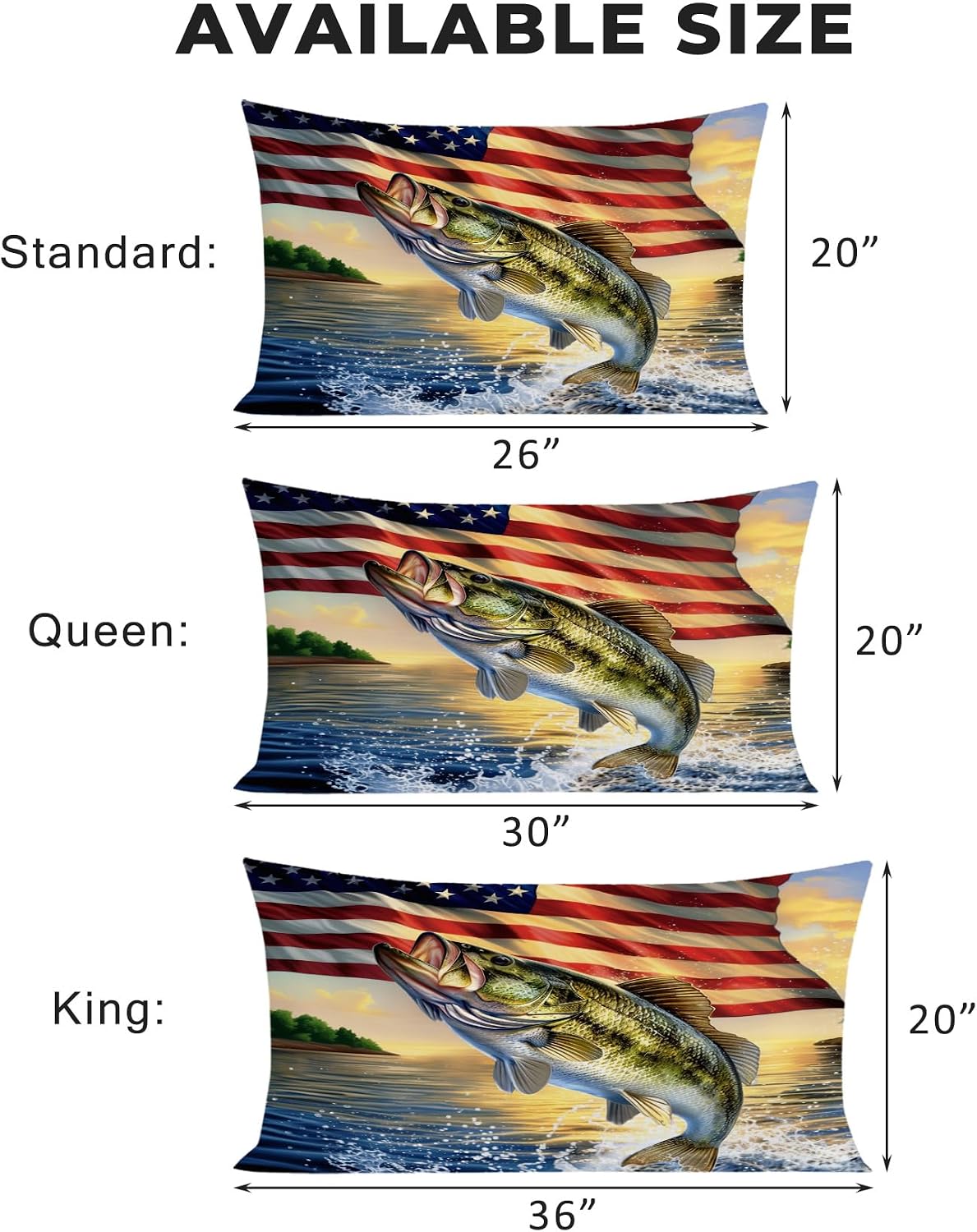 Pike Fish Pillow Cases Standard Size Set of 2 - Soft Breathable Microfiber Pillowcases with Envelope Closure, American Flag Hunting Fishing Patterned Pillow Covers, Bass Fish Gifts for Men