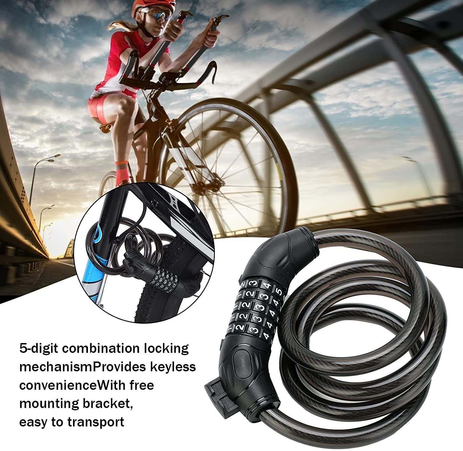 Candado de combinación para Bicicleta, con contraseña de 5 dígitos, candado de Cable de Seguridad de Acero con Soporte de Montaje, candado de combinación portátil, candado antirrob
