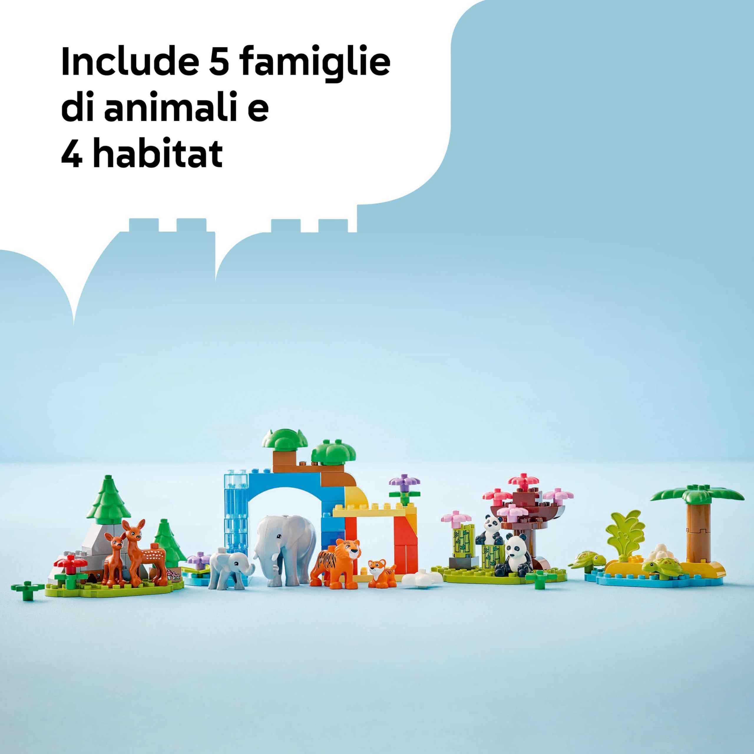 LEGO DUPLO Famiglie di Animali 3 in 1 - Gioco Didattico per Bambini e Bambine dai 2 Anni in su - Include figure di Tartaruga Giocattolo, Tigre, Elefante, Cervo e Panda con Habitat Costruibile - 10446