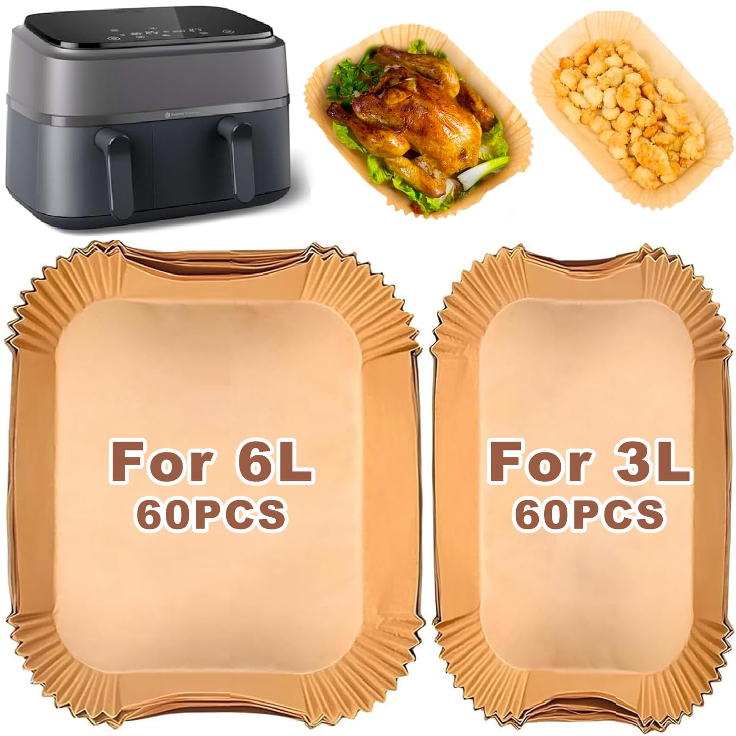 VIKKI 120 unidades de papel de horno Airfryer para Philips Dual Basket Serie 3000, accesorios para freidora de aire caliente de 9 L, Dual Easy Fry & Grill 5,2/3,1 L, accesorios para freidora Cecotec