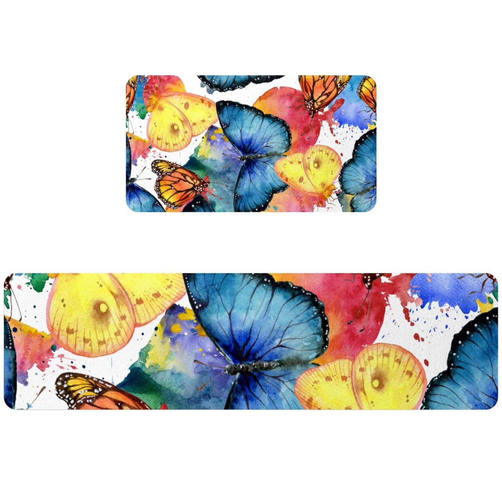 2 alfombrillas de cocina absorbentes y lavables con colorido estampado de mariposas