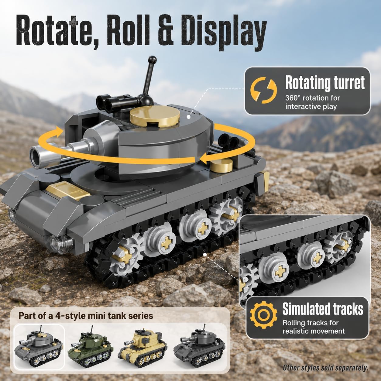Micro Building Blocks Armored Phantom Tank Model Kit (4 Styles), Mini Cute Tank Set with Rotating Turret & Simulated Tracks,Develop Hands-on Skills (Wilderness F4 Tank (Gray)) image 3