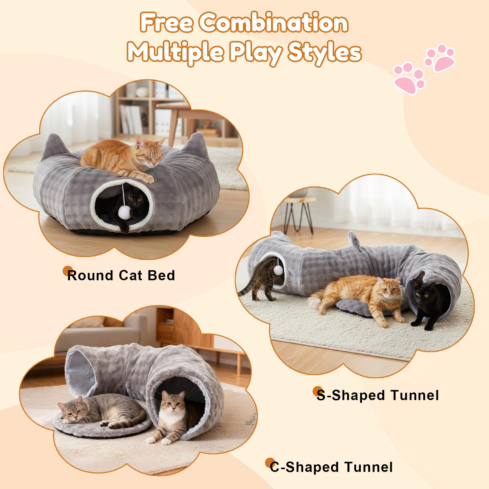 Tunnel per Gatti, Tunnel Gatto e Cuccia 2 in 1 con Giocattoli Pendenti, Tunnel Gatto con 2 Ingressi, Cuscino Circolare Lavabile, Tubo per Gatti Gioco Pieghevole per Gattini/Cuccioli/Conigli