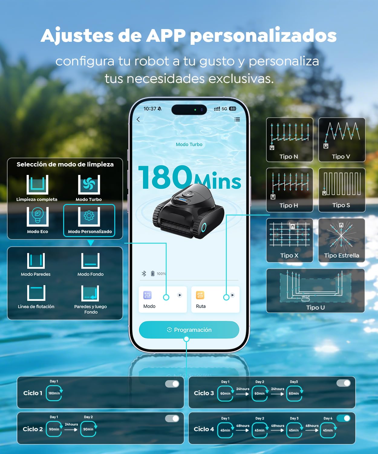 2026 C1 Robot Piscina Limpiafondos y Paredes, Autonomía 180 min, 3 Motores, Succión Potente, Control por App,Doble Filtración, Robot Limpiafondos Piscina Inalámbrico 150㎡,Negro