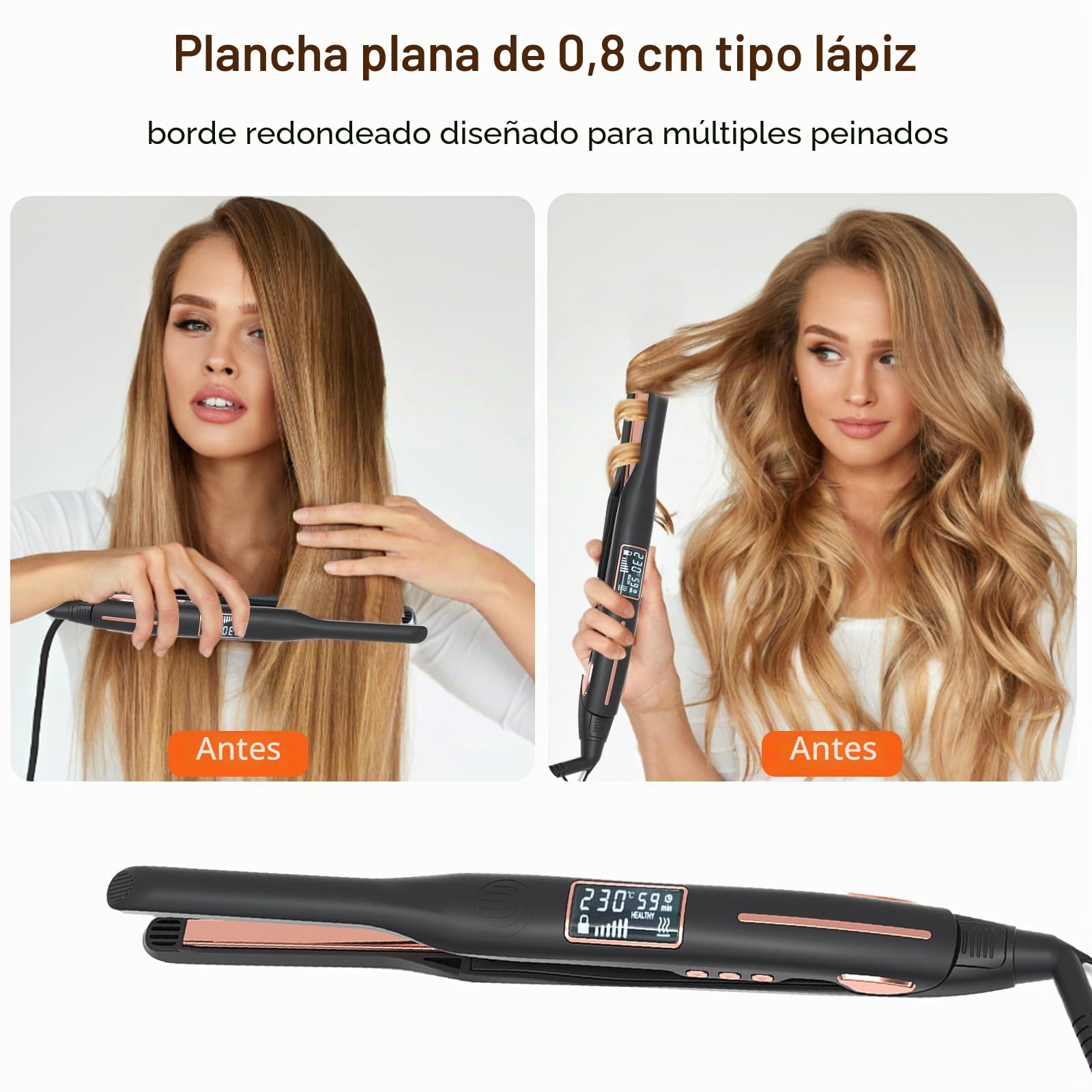 Mini plancha de pelo profesional, Alisador de pelo Para Cabello Corto, Barba y Flequillo, Calentado Rápido de 15s y 80-230 ºC, Pantalla LCD, Rizador Estrechas de 10 mm, Apagar Automáticamente