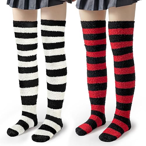Littleforbig Cute Coral Fleece Knee High Long Striped Socks 2 Pairs - Large - Black/Red & Black/White