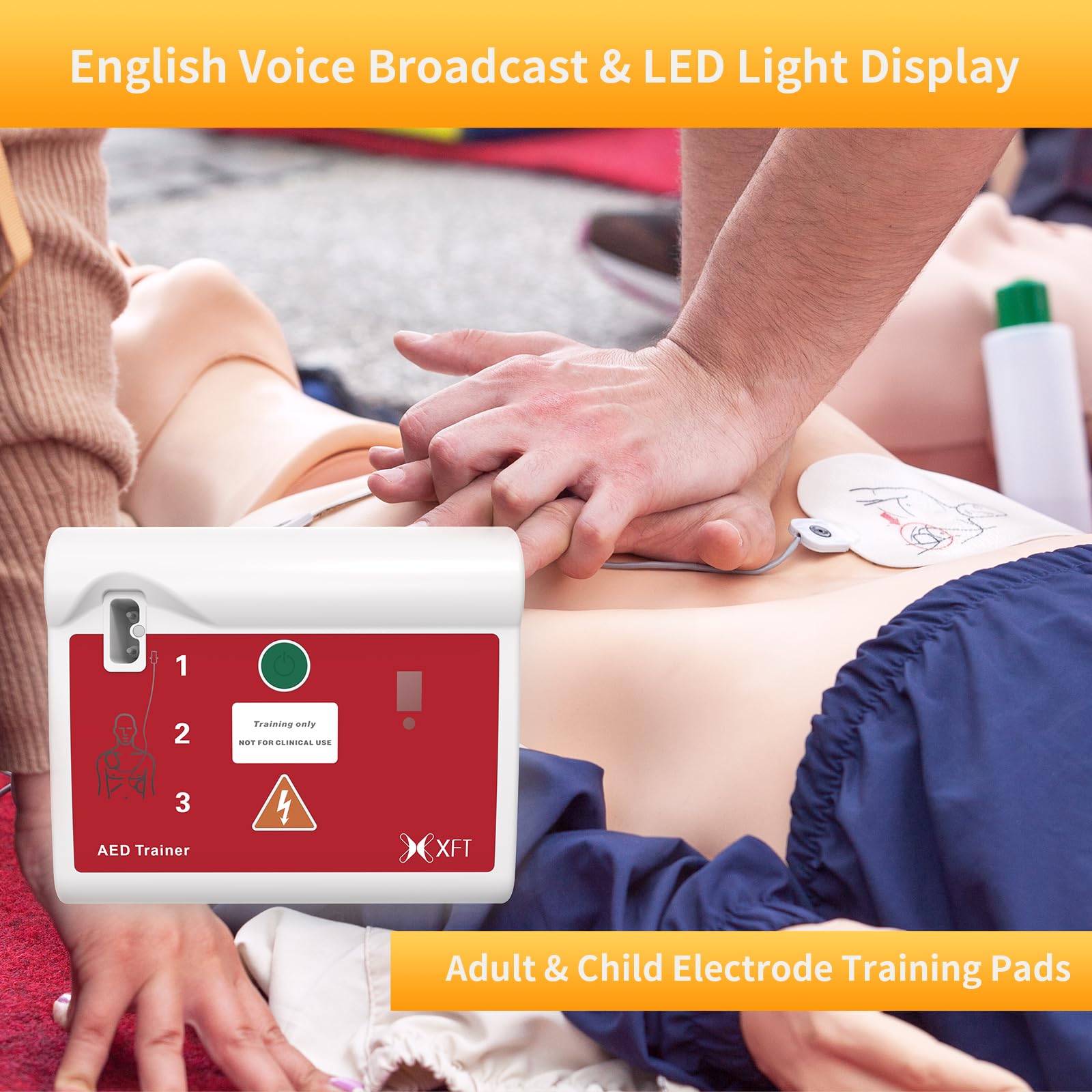 AED Trainer Deutsch, AED Trainingsgerät 10 Verschiedene Szenarien Deutsch&Englisch Sprachansagen mit Fernbedienung AED-Trainer mit CPR Lehrgerät für Erste-Hilfe-Schulungen XFT-120C