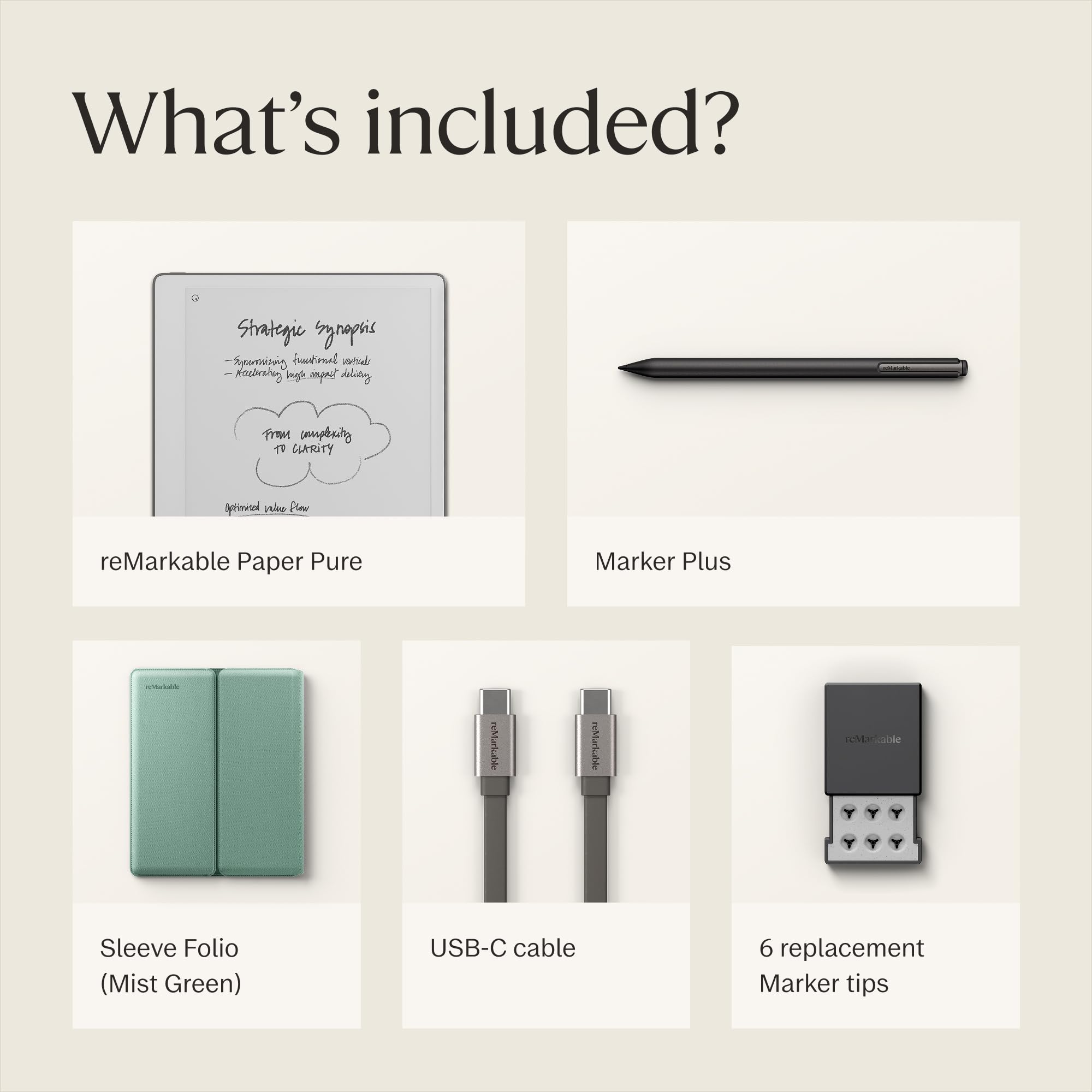 reMarkable Paper Pure – Pack avec Tablette Papier écran 10,3” Noir et Blanc, Stylet Marker Plus avec Gomme intégrée et Housse Sleeve Folio Brume Verte – Bloc-Notes numérique pour Mieux écrire et Lire