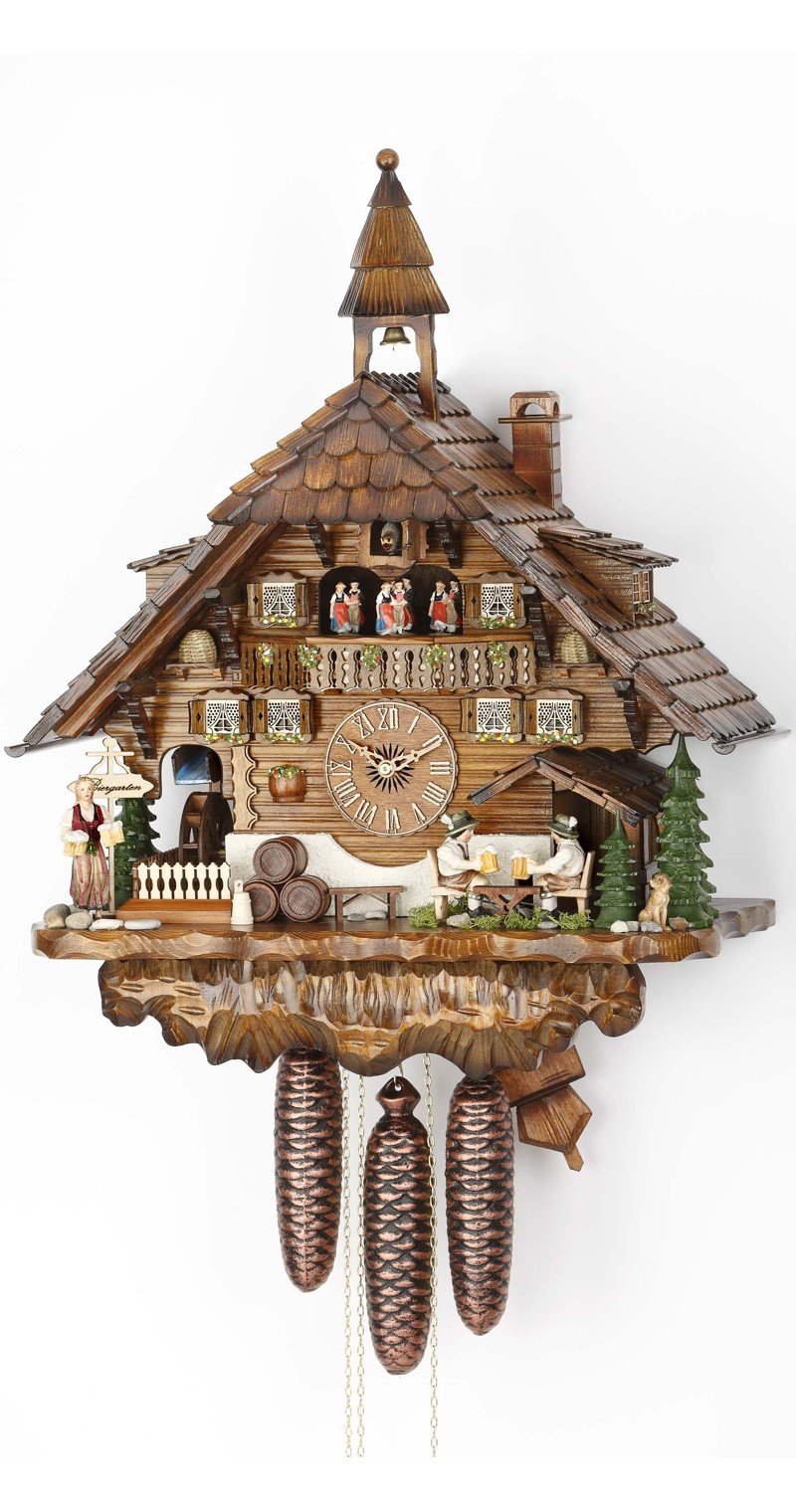 Kammerer Uhren Hekas Cuckoo Clock Black Forest house with moving beer drinkers and mill wheel KA 3736/8