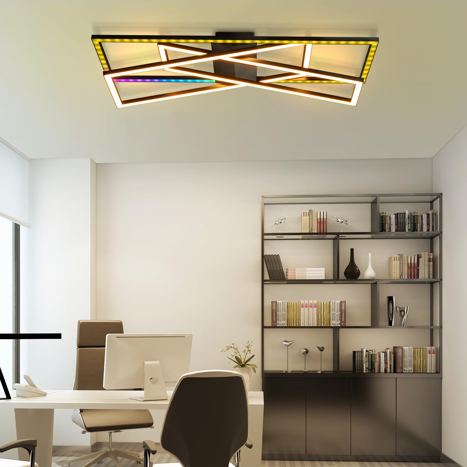 Homefire Deckenlampe Wohnzimmer LED Deckenleuchte RGB Schwarz 36W Dimmbar | Wohnzimmerlampe Farbwechsel Modern Schlafzimmerlampe mit Fernbedienung Metal Deckenleuchten Rechteckig für Jugendzimmer Büro