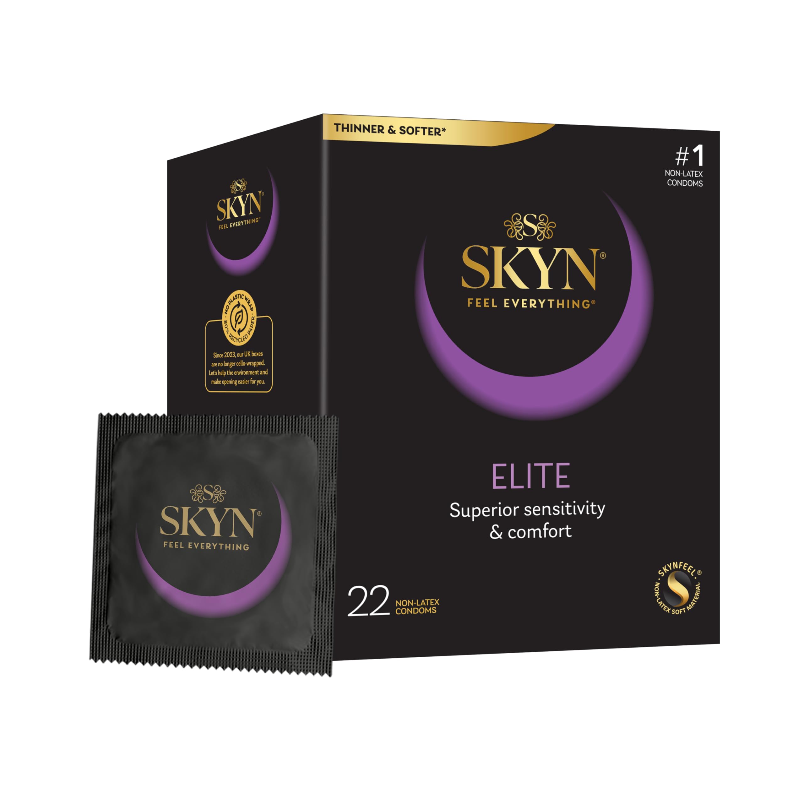 SKYN Elite (Pack of 22): Ultra-Thin Latex Free Condoms for Men, Regular Size Condoms, SKYNFEEL Technology, Smooth Surface, Lubricated, 53mm Nominal Width