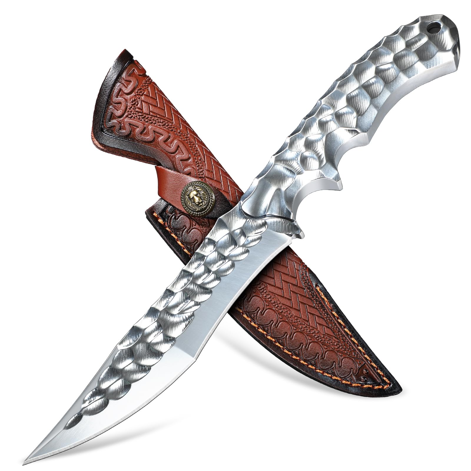 Japaknives Cuchillo de supervivencia para exteriores, hoja fija de acero VG10, estructura integral full tang, con funda de cuero para senderismo y aventura.