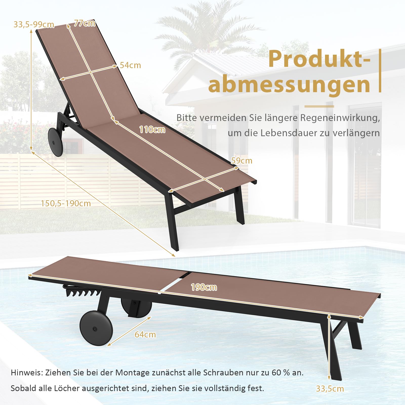 COSTWAY Sonnenliege mit Rollen, Gartenliege mit Verstellbarer Rückenlehne und schnelltrocknendem Stoff, Rollliege bis 150kg belastbar, Liegestuhl für Garten, Balkon, Terrasse (Braun)