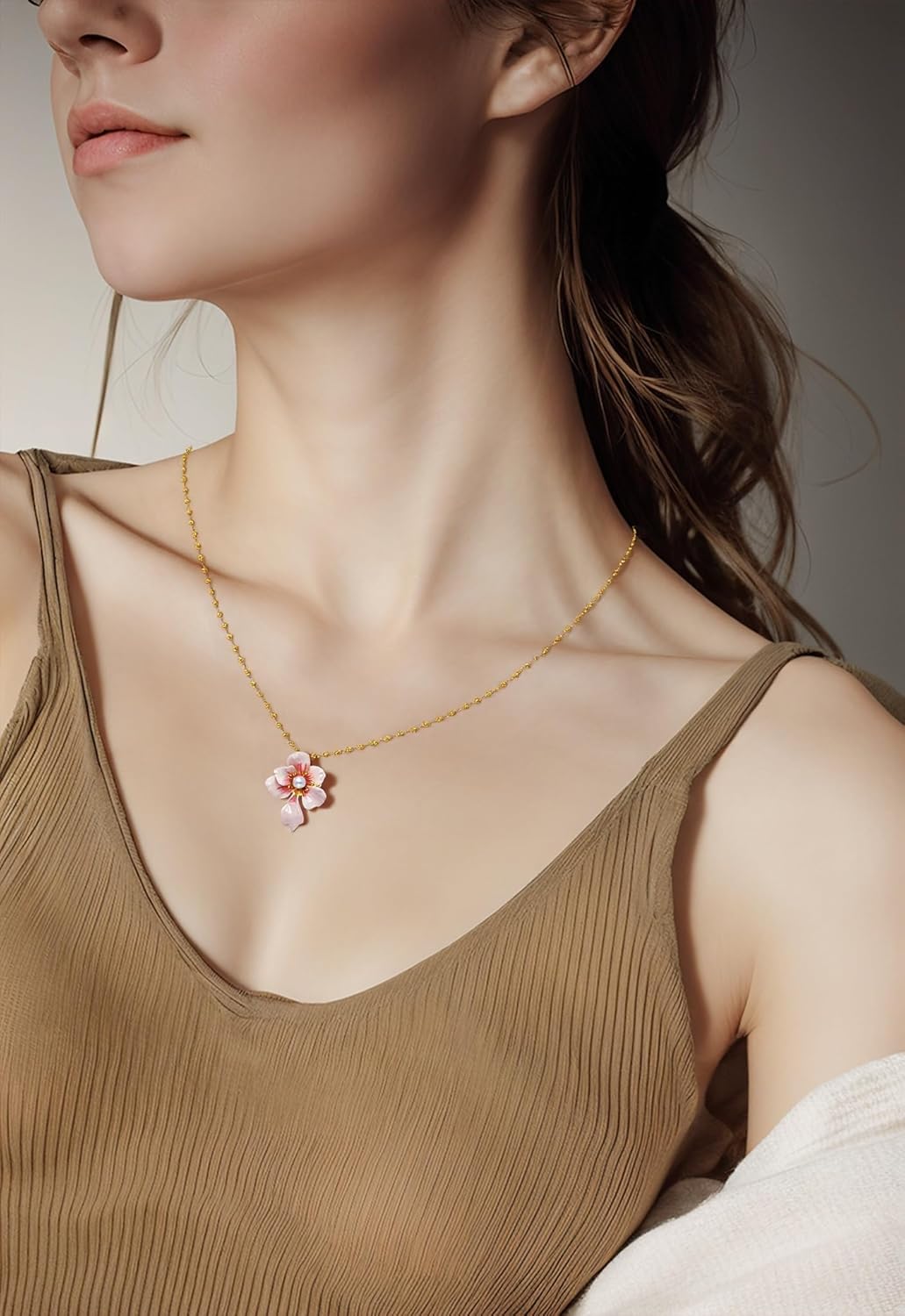 Cherry Blossom Pendant Necklace for Women Handmade Enamel Pink Flower Pearl Necklace 18K Gold-Plated Adjustable Jewelry Gift for Her Anniversary Birthday Valentine's Day - Image 9