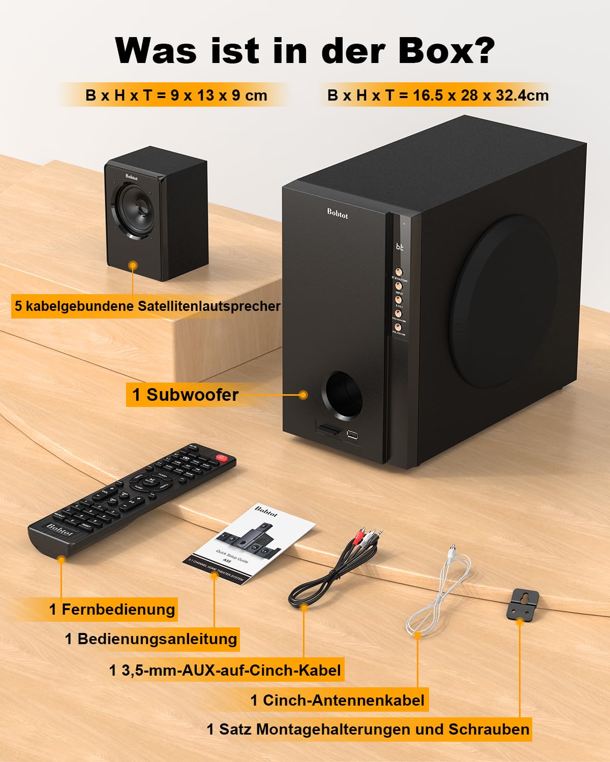 Bobtot 5.1 heimkino Soundsystem mit 600 Watt Spitzenleistung | 5,25 Zoll Subwoofer, 5.1 Surround Sound System heimkino Lautsprecher mit FM-Radio, Bluetooth, AUX, DVD
