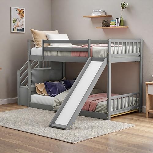SOFTSEA Bunk Bed Twin Over Twin with Slide, Modern Solid Wood Floor Bunk Beds with Slide and Stairs, No Box Spring Needed, Gray