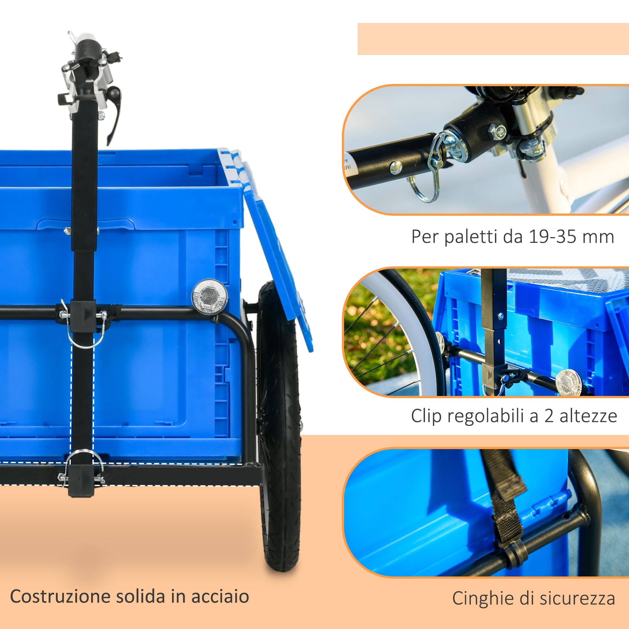 HOMCOM Rimorchio Bici ad Altezza Regolabile con Box Portaoggetti da 65L in Plastica, Bandiera, Catarifrangenti e Strisce Riflettenti, Rimorchio per Bici in Acciaio, 145x61x76/81 cm, Blu