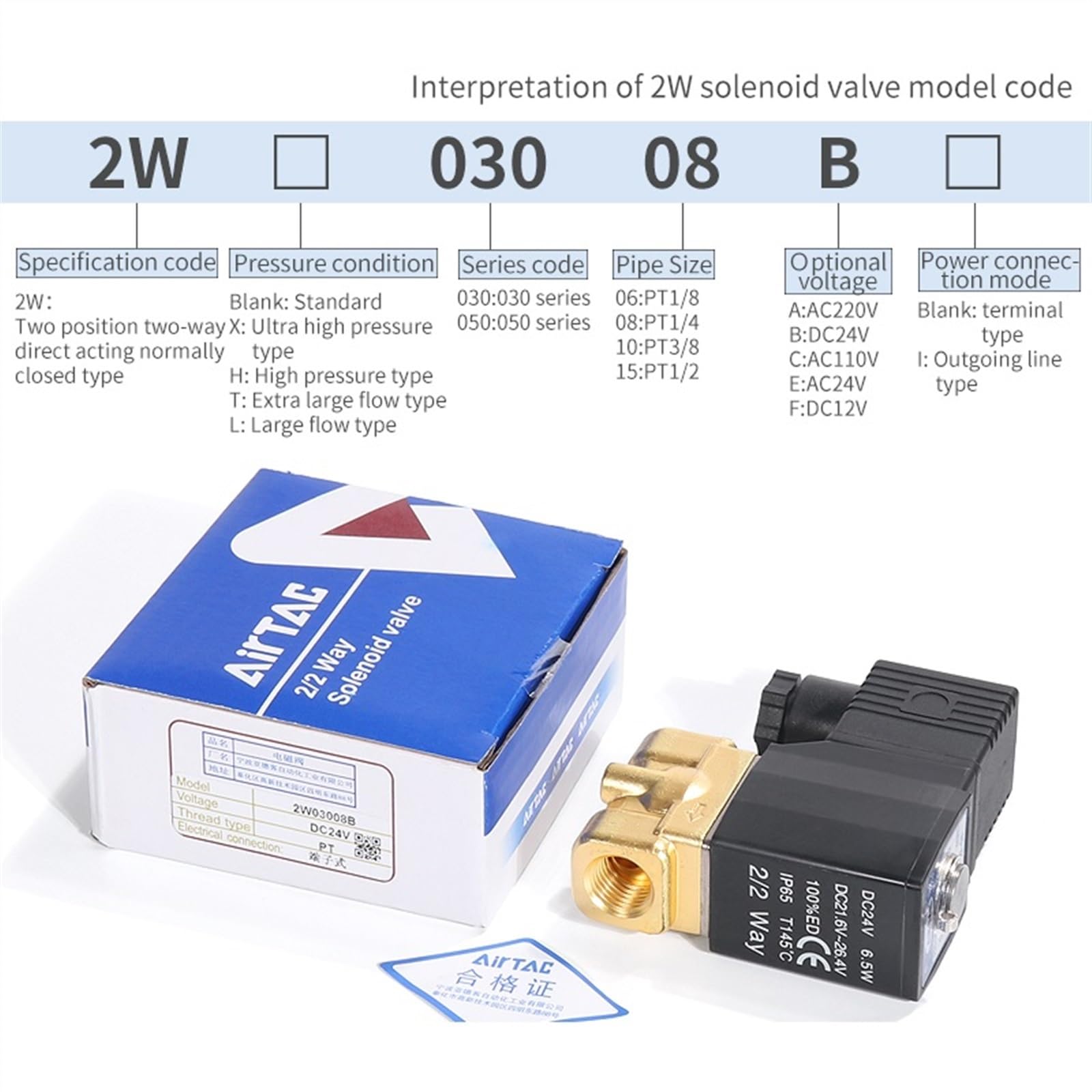2W030-08 Zawór sterujący płynem 2/2-drożny bezpośredni działający zawór normalnie zamknięty 1/4'' (2W03006A)
