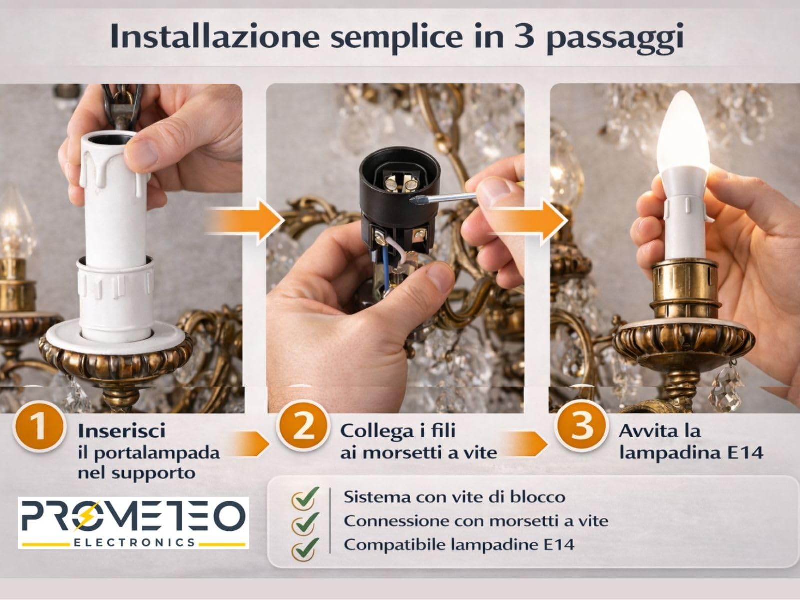 Kit 6 Portalampade E14 Finta Candela Bianca – Copricandela per Lampadari Classici e Vintage – Attacco E14 con Nipplo M10 e Vite di Sicurezza – Altezza 65 mm