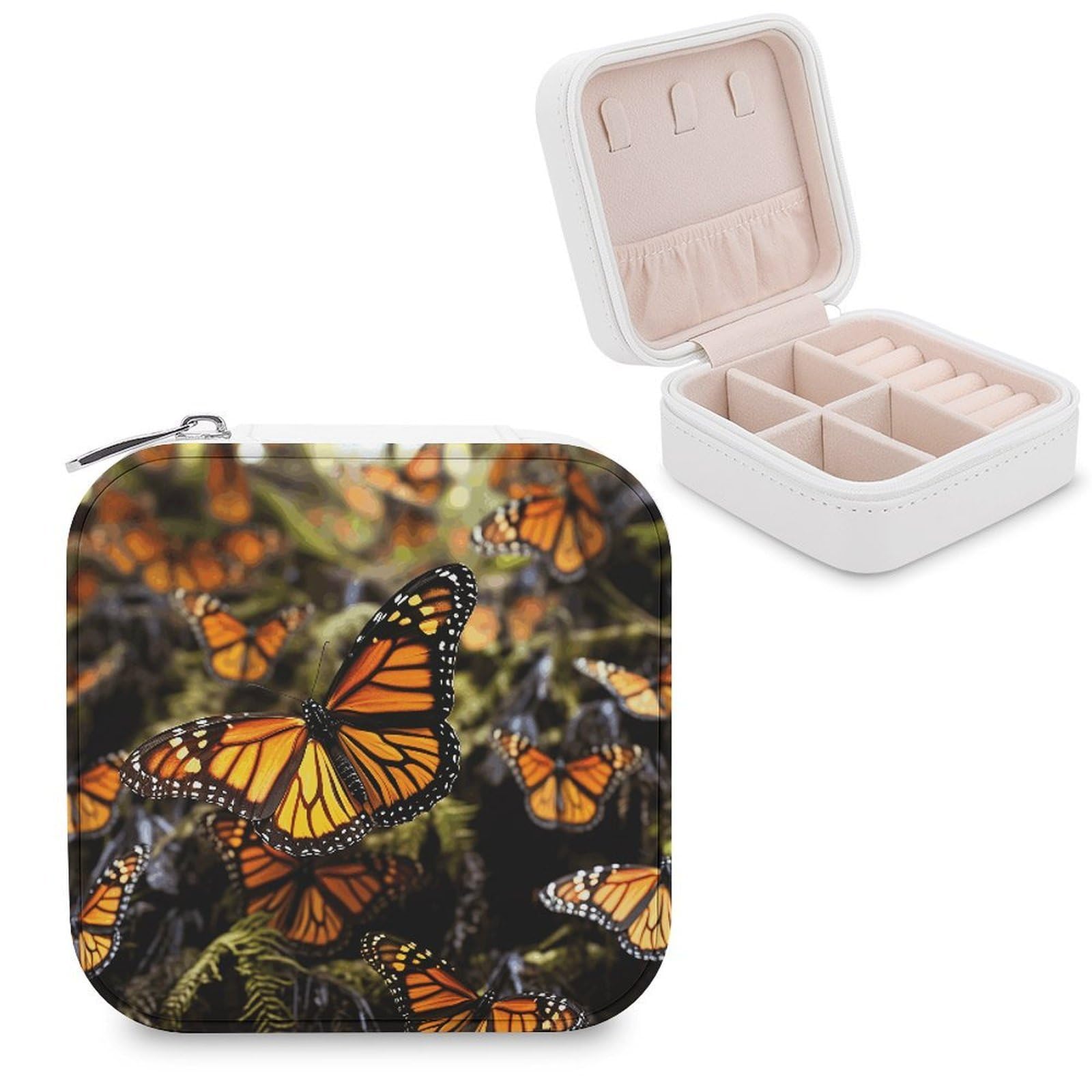 VstaDank Heaps of Orange Monarch Butterflies Jewelry Box Exquisite Leather Jewelry Organizer Portable Trinket Organizer Fashion Travel Jewelry Case for Rings Earrings Necklaces Unique Gifts for Women