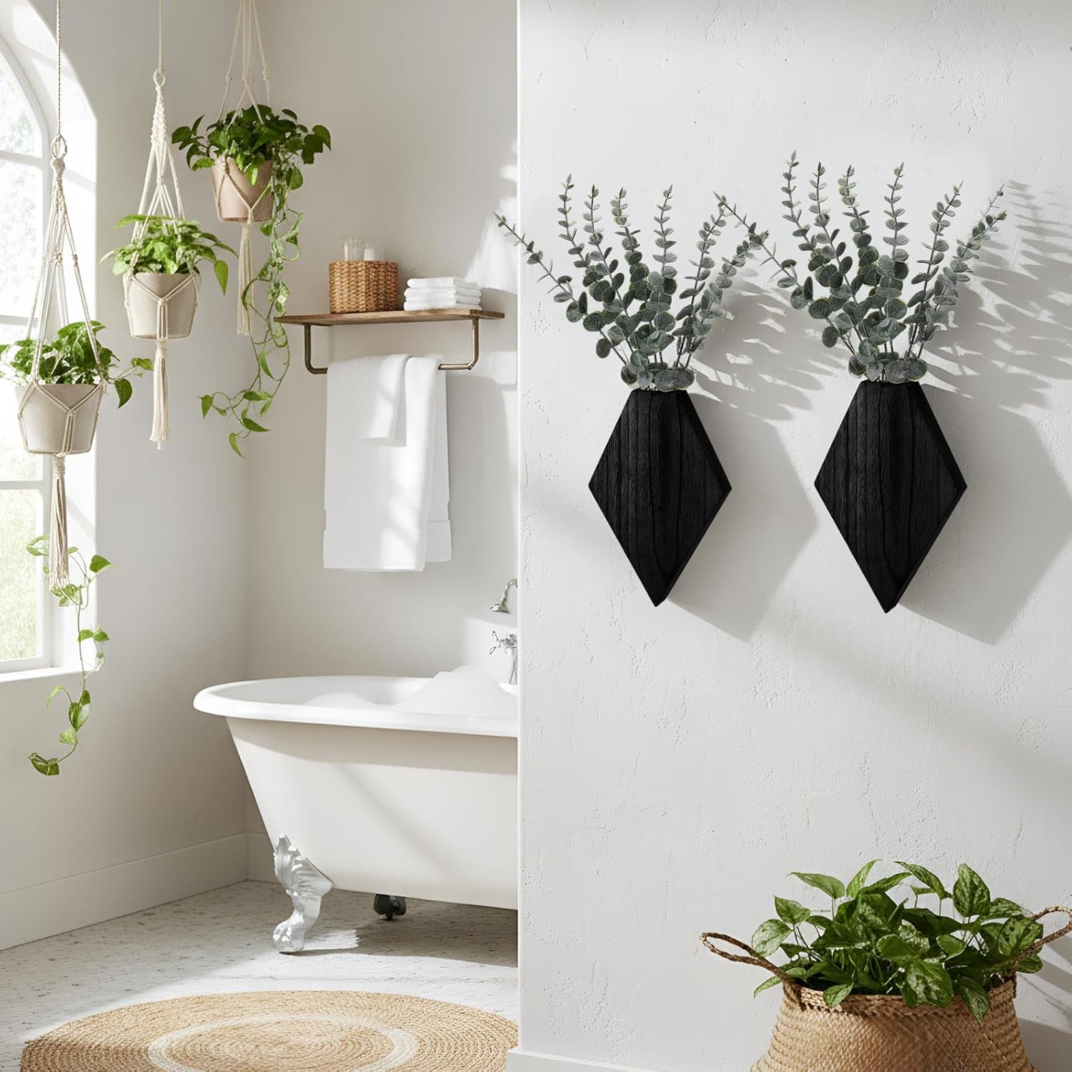 Chunful 2 Pcs Wooden Wall Planter Decor Hanging Faux Plants Greenery Flowers Holder Vase Boxes for Wall Bohemian Farmhouse Room Kitchen Office Indoor Decoration (Black,9.8 x 6.6 x 1.2 Inches)