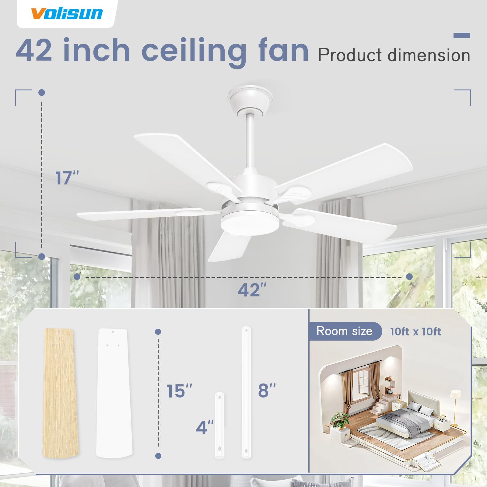 VOLISUN Ceiling Fan with Light, 42 inch Flush Mount Ceiling Fan with Lights and Remote, Dimmable LED Fan Light, Low Profile Ceiling Fan, White Modern Ceiling Fan for Bedroom, Indoor/Outdoor