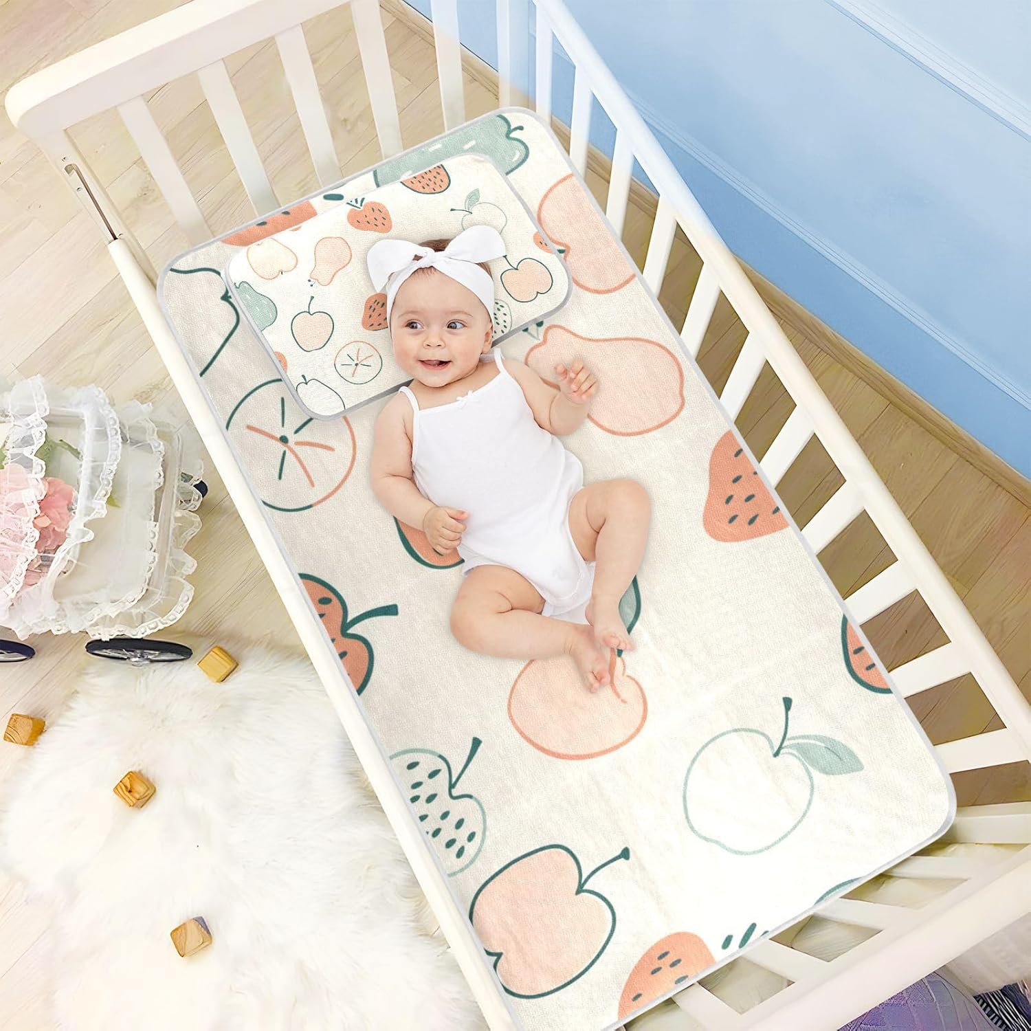 Cute Fruits Cream Color Cooling Baby Waterproof Crib Mattress Protector 28" x 52" Washable Pads for Bed for Baby&Toddler