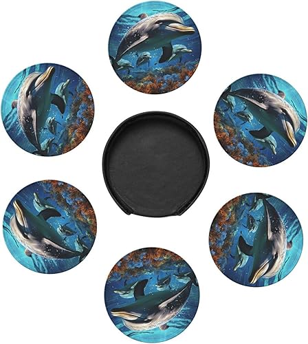 Miniatura 5 de Juego de 6 posavasos de cuero con estampado de delfines con soporte para vasos o bebidas calientes o frías, mesa de centro de madera