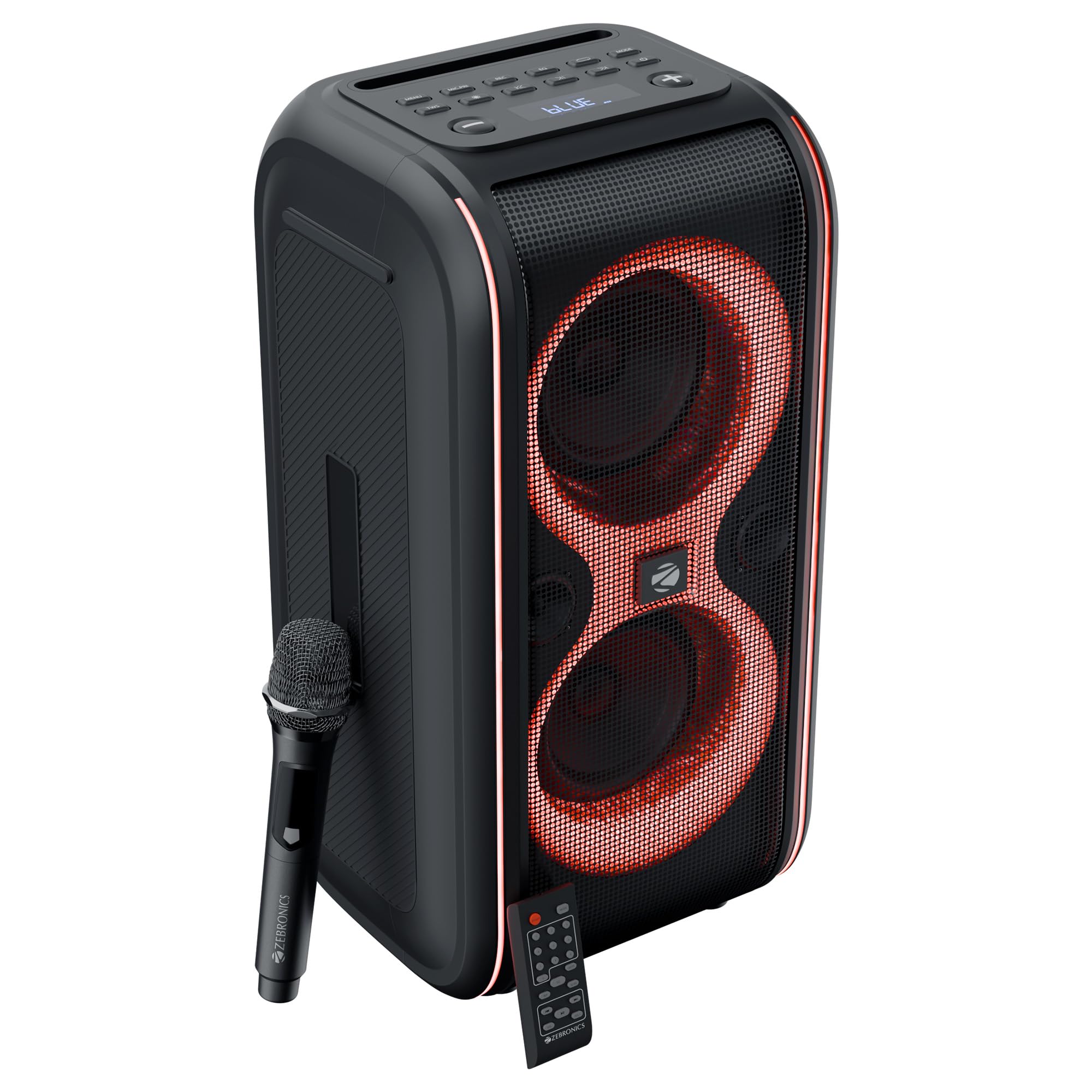 Zebronics Portable Bluetooth Speaker, 60W, Upto 7 Hours Playback, Dual 16.51cm Drivers, Karaoke, TWS, BT v5.4, USB, mSD, AUX, RGB, Wireless Mic with Display, Mobile Holder (Party Fyre 90)-image-30
