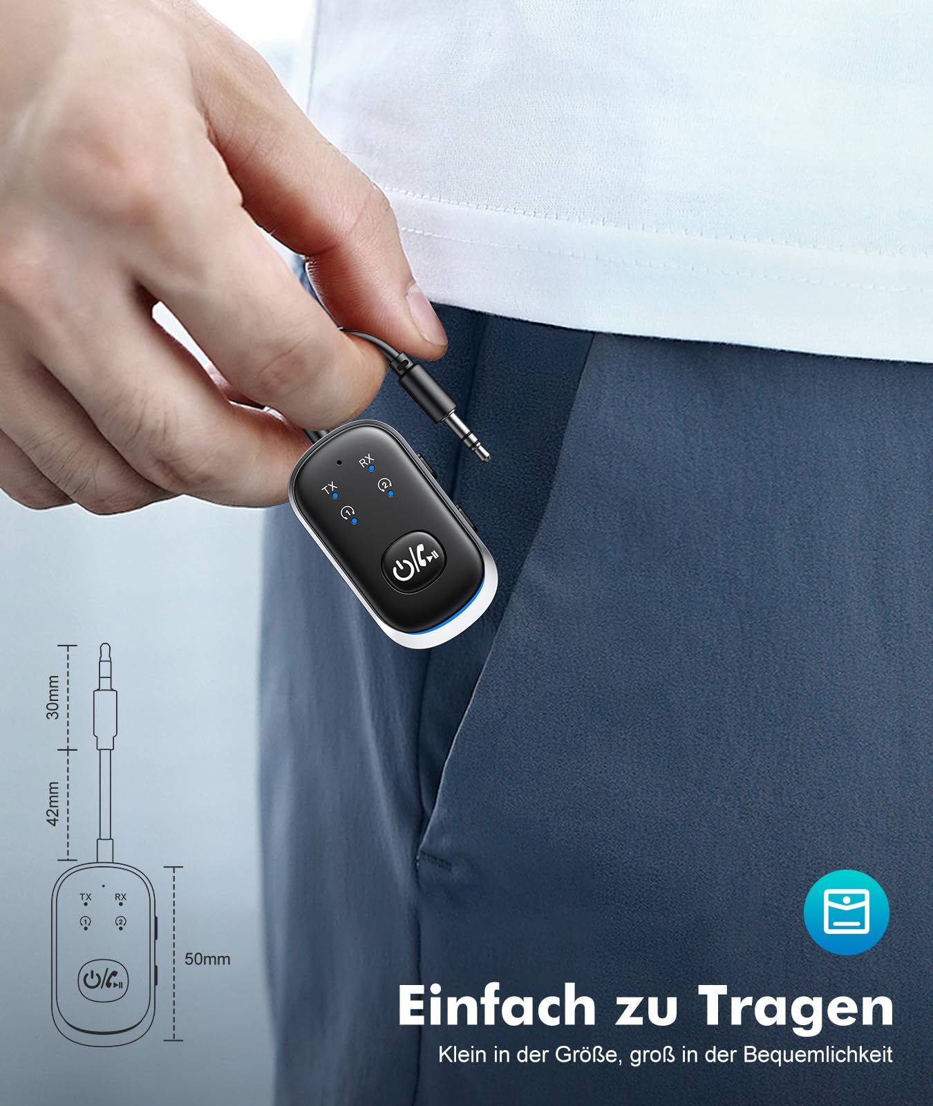 Mohard 2 in 1 Bluetooth Transmitter & Empfänger, AUX Bluetooth Adapter Klinke 3.5mm für Auto/TV/Stereoanlage, 5.3 Flugzeug Sender Splitter Patchkabel-Adapter für 2 Kopfhörer