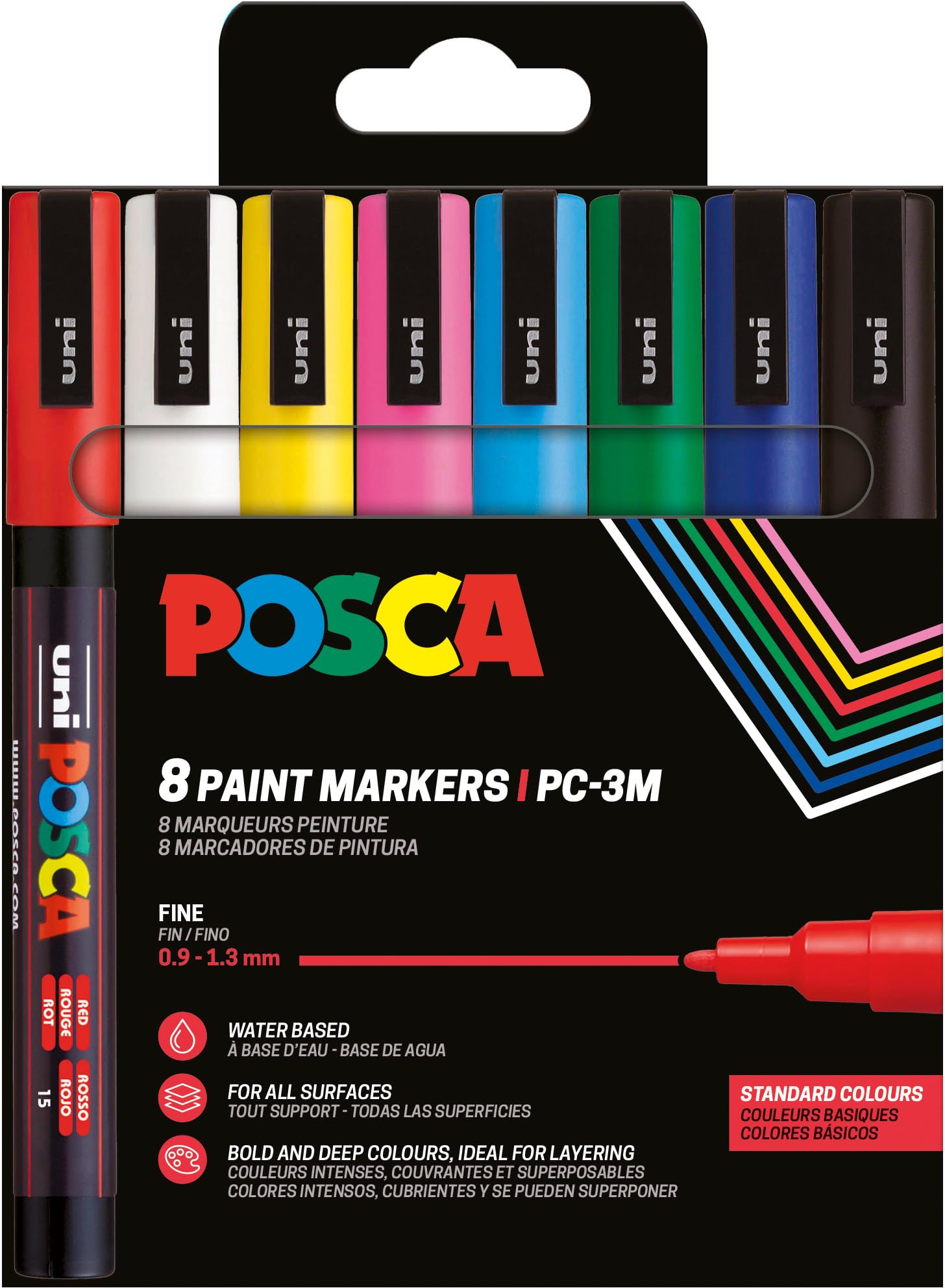 POSCA Mitsubishi Pencil - Pochette 8 Marqueurs PC3M - Pointe Fine - Peinture à Base d'Eau - Tout Support - Couleurs Basiques