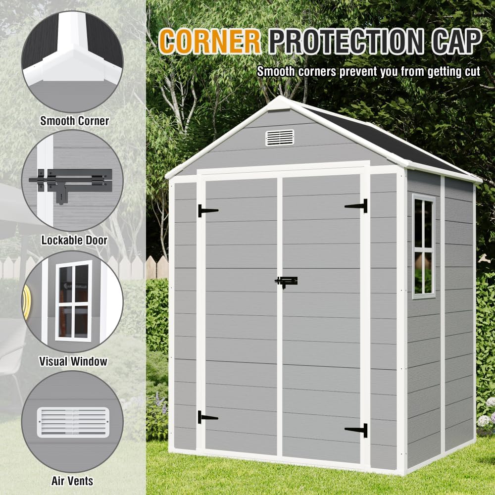 Campcraft 6 * 5ft Resin Storage shed, pp Material, Strong Structure, Waterproof, Rust and UV Proof, Large Storage Space, 12mm Thick pp Board, HD Window Lighting