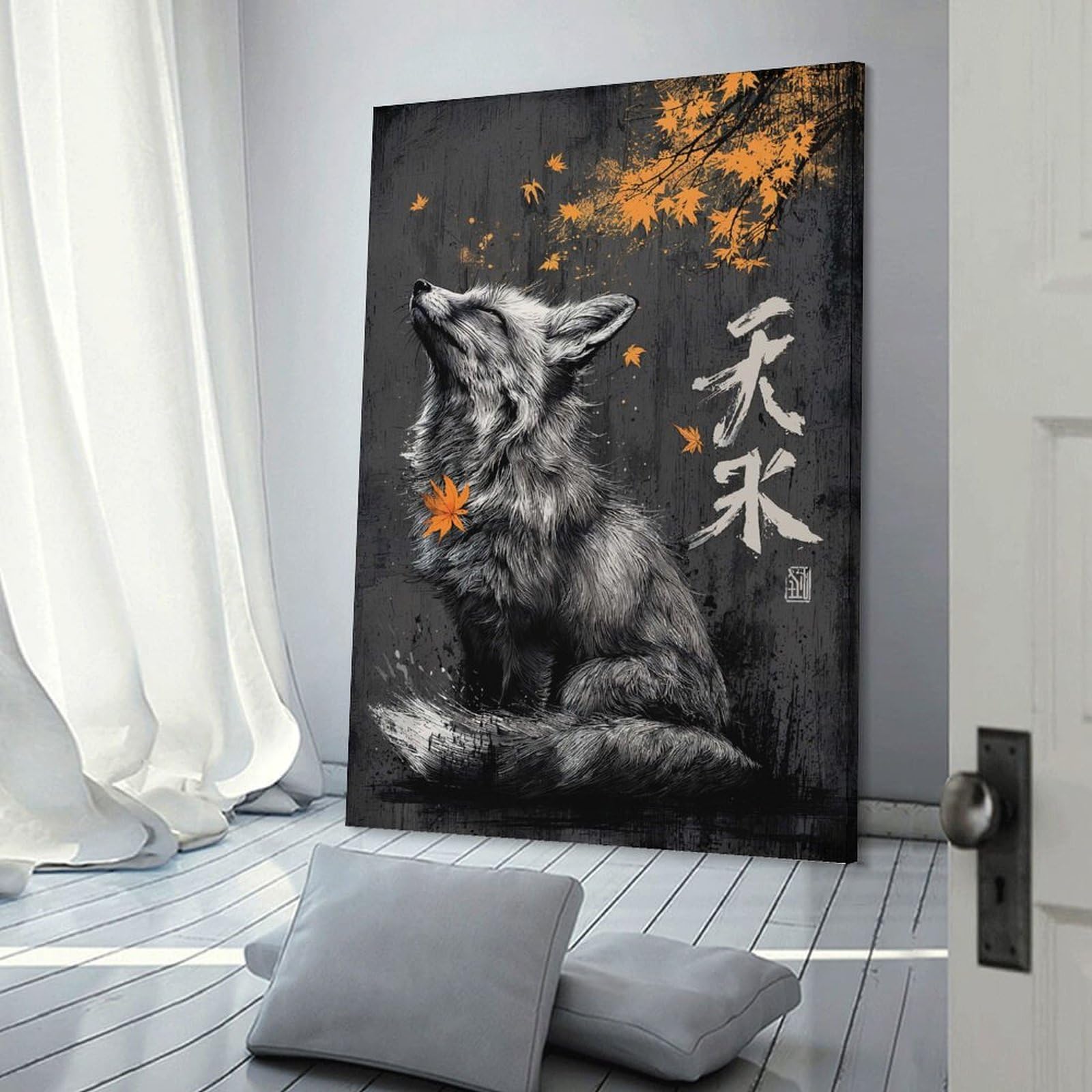 Junmoney Frame-Style-23 Canvas Art Print Fox And Autumn Leaves, 24X36inch(60X90cm), For Contemporary Homes, Apartments Or Offices, Decorative Canvas Decor For Home Updates