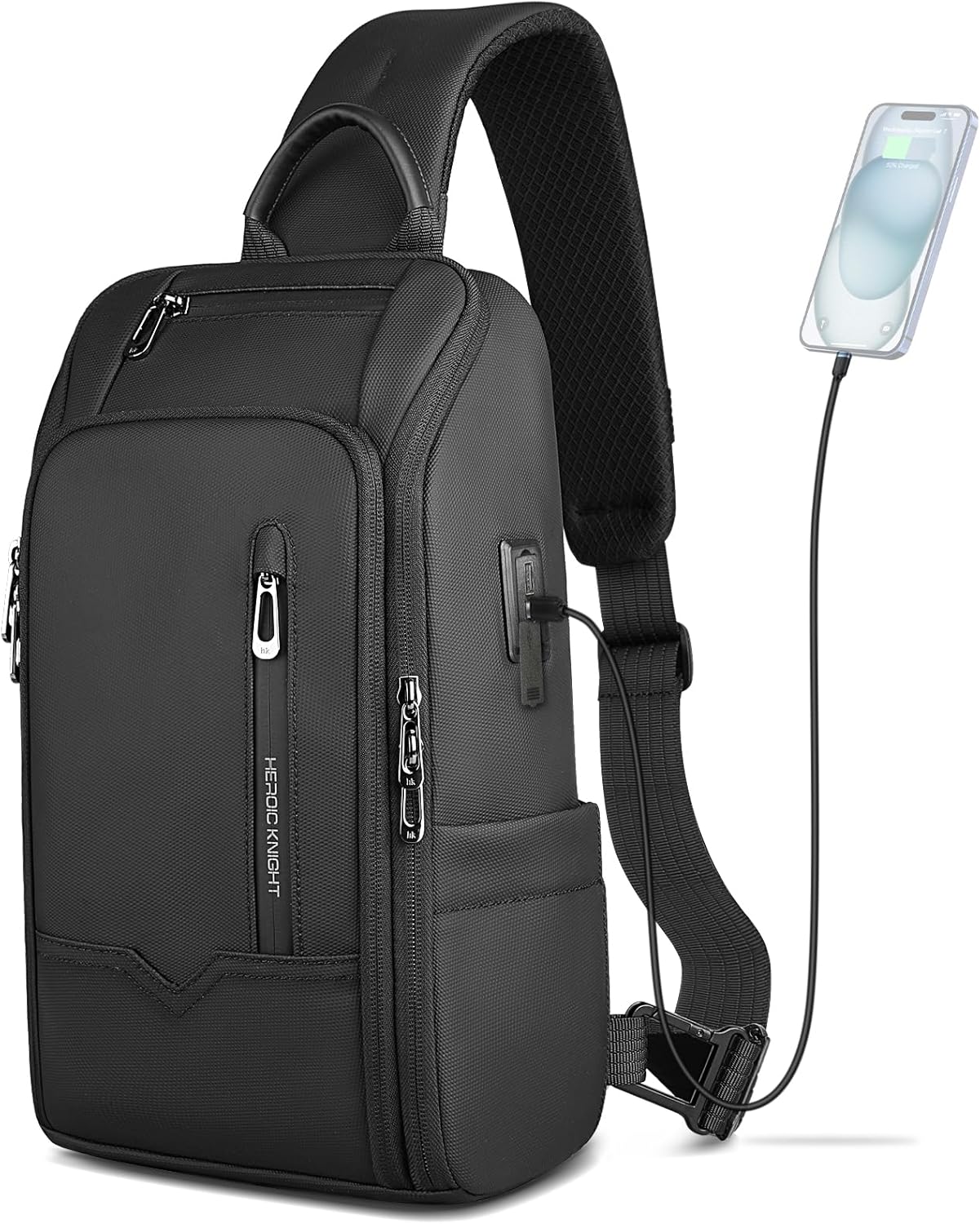 Crossbody Sling Bag for Men, Waterproof Sling Crossbody Backpack with USB Charging Port, Anti Theft Chest Shoulder Hiking Bags Daypack for Commute, Work, Sport, Travel - Black