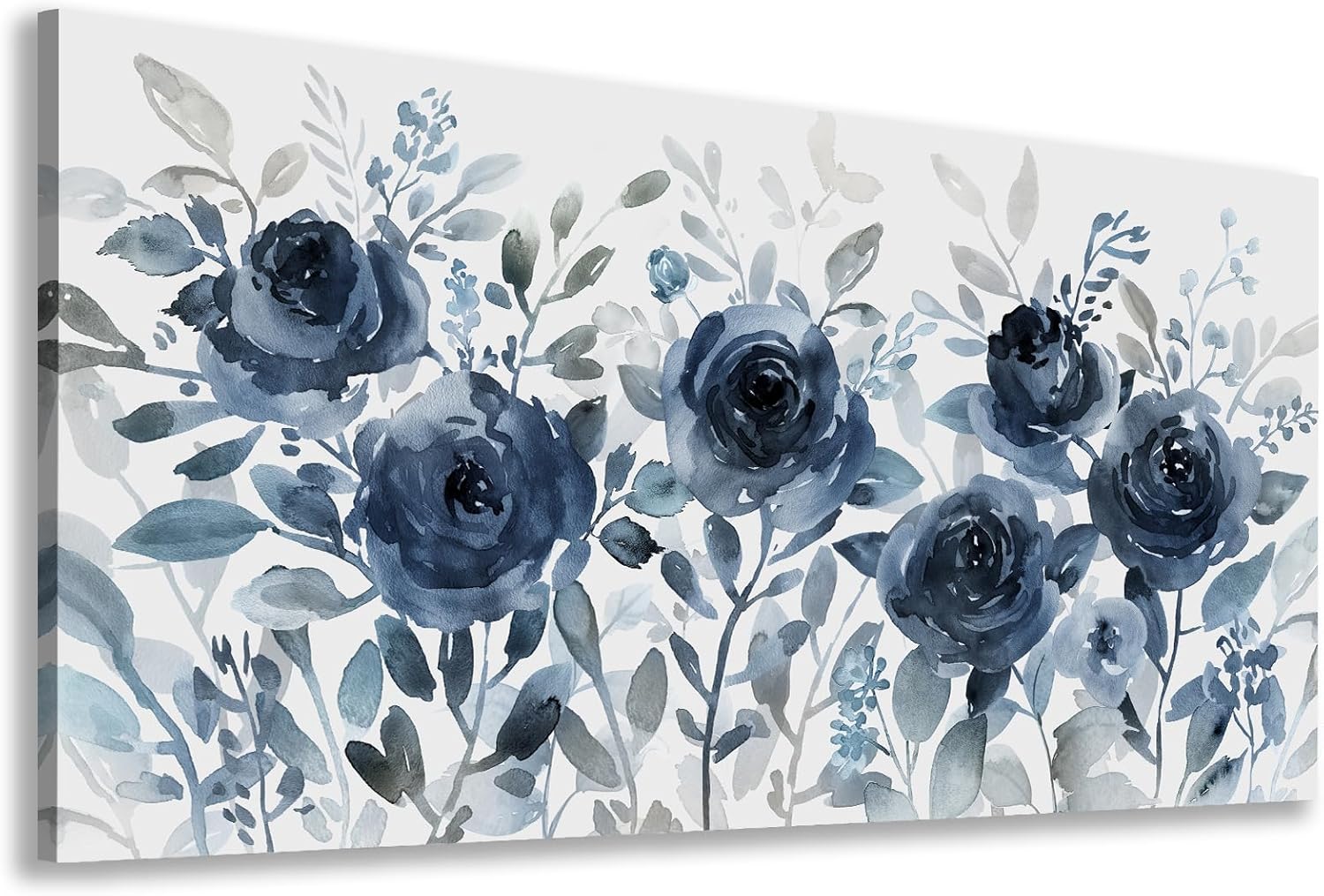 Shoci Large Flowers Wall Art - Indigo Floral Canvas Picture for Living Room Aesthetic Navy Blue Retro Blossom Painting Prints Decor Modern Botanical Artwork Wall Art for Bedroom Decoration 20" X 40"