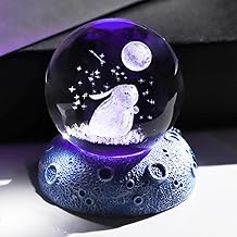 3D Crystal Ball Engraved Rabbit and Moon with Night Lights, 6cm/2.36 in. Glass Globe Figurines Gifts with Space Base for Women Daughter, Collectible Ornaments for Home Keepsake for Her Mum
