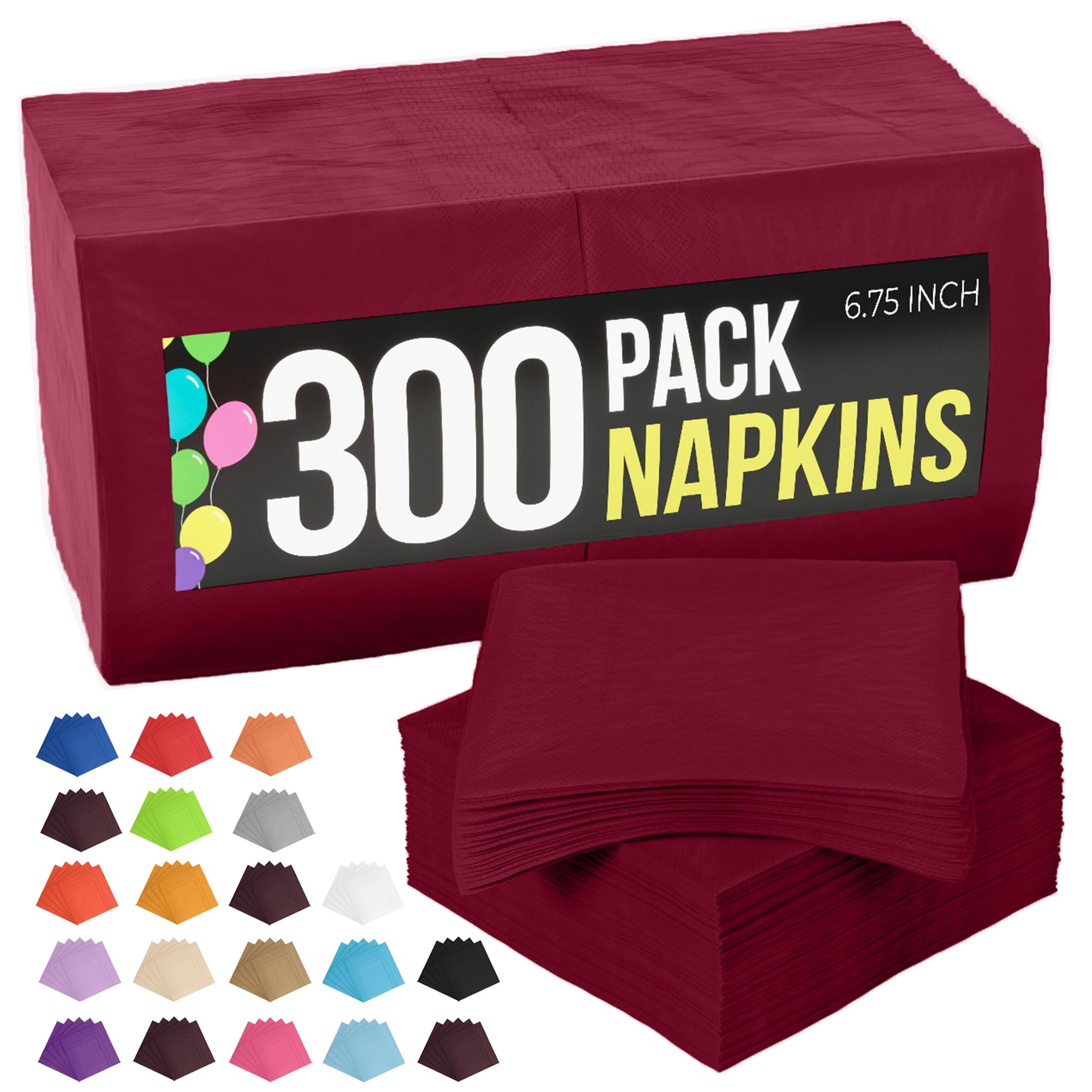 Party Solids Lot de 300 serviettes de table en papier Bordeaux | Serviettes de table 2 plis absorbantes pour tous les jours, 16,5 x 16,5 cm, bordeaux