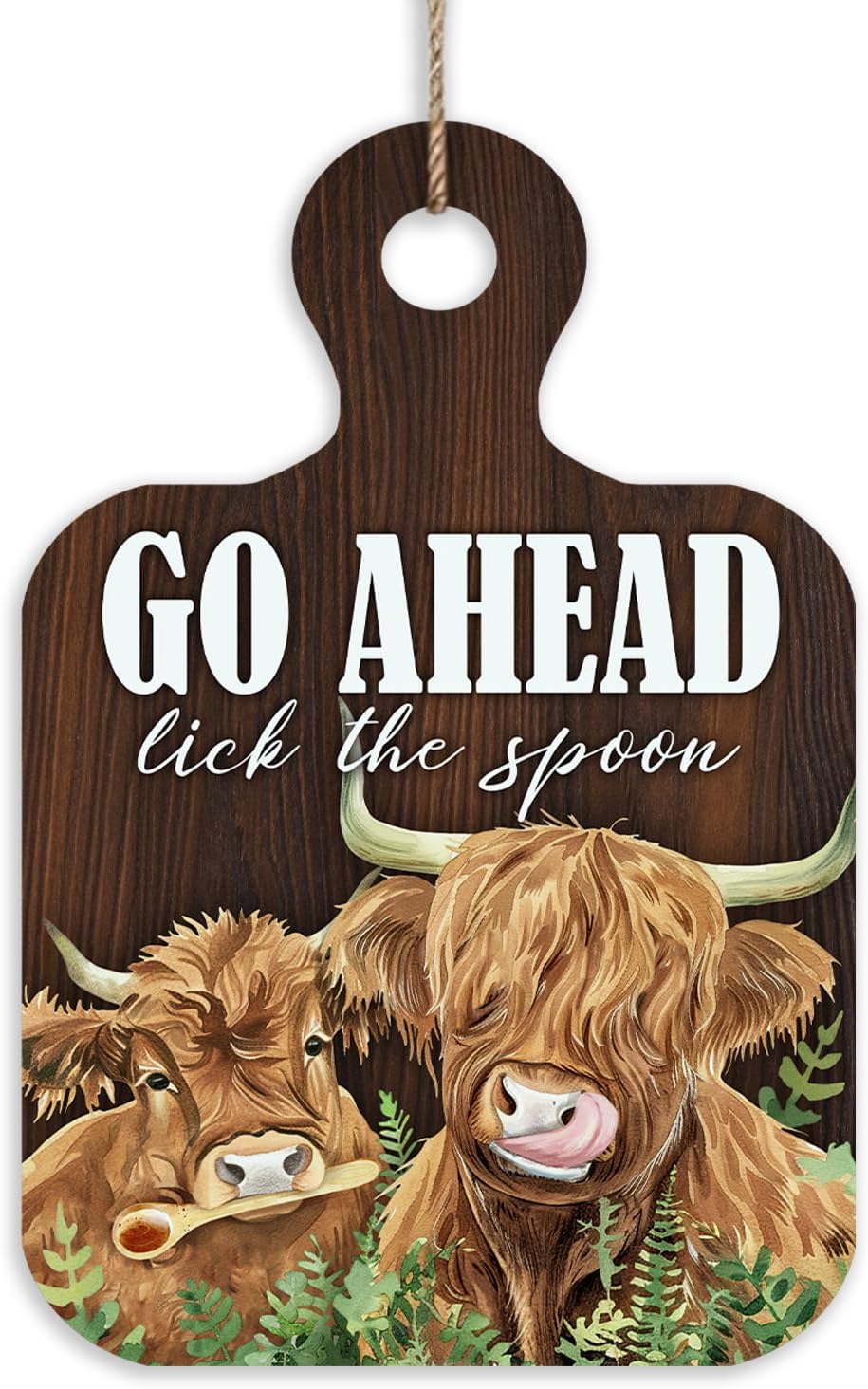 Highland Cow Go Ahead Lick The Spoon Funny Kitchen Front Door Sign | Farmhouse Cutting Board Shaped Wood Hanger Outdoor Home Kitchen Decor, Rustic Wooden Wreath Indoor Wall Hanging Decoration
