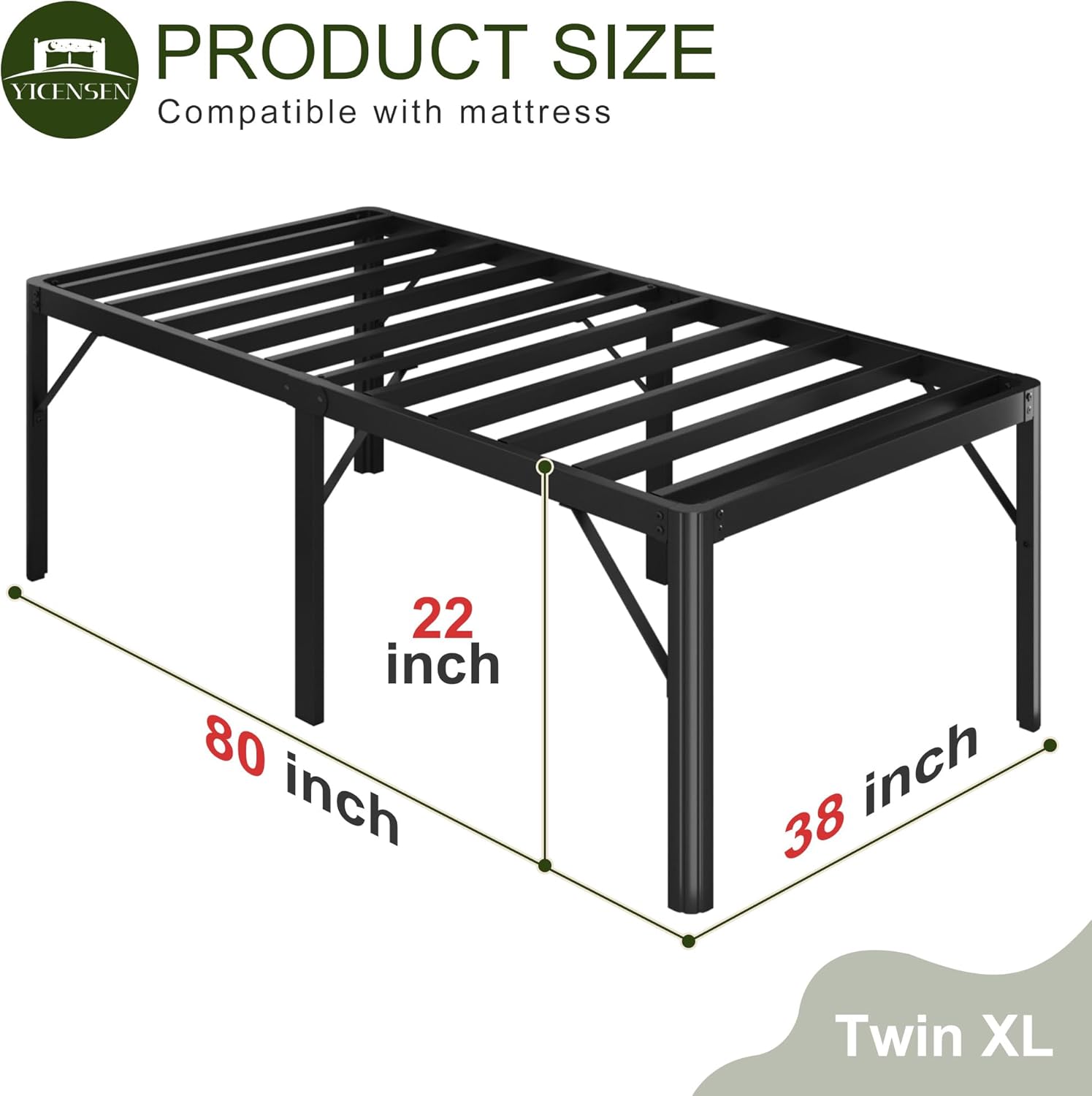 Diagram illustrating the dimensions of a Twin XL bed frame, showing length of 80 inches, width of 38 inches, and a height of 22 inches from the floor to the top of the frame.