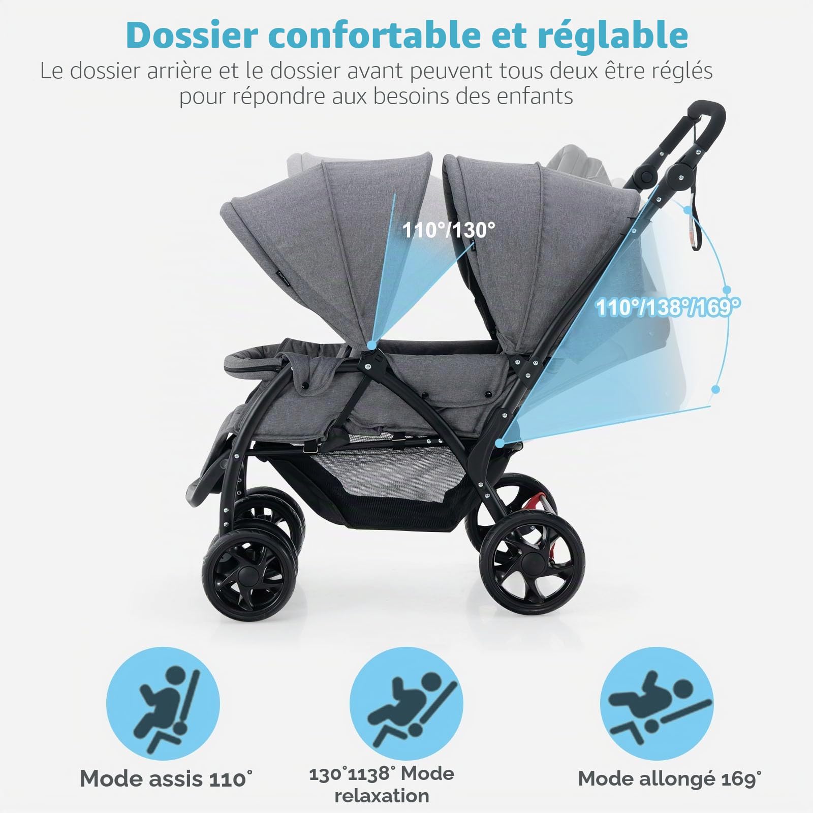 FANTASK Poussette double pliable avec dossier et capote réglables - Pour bébé à partir de 6 mois - Charge maximale : 30 kg - Gris