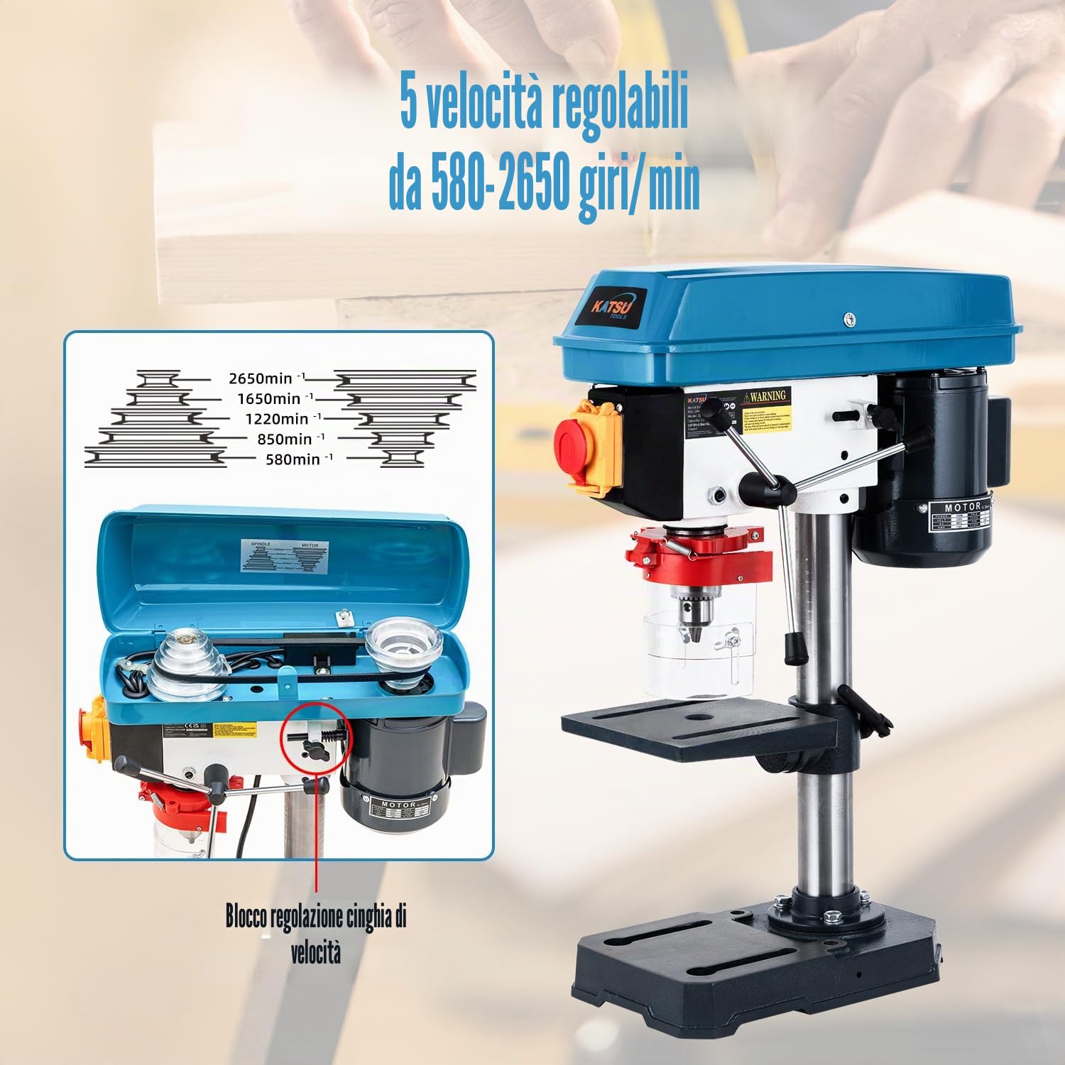 KATSU Tools Trapano a colonna 350 W – mandrino 13 mm, 5 velocità, profondità max 50 mm, 2650 giri/min, tavolo regolabile
