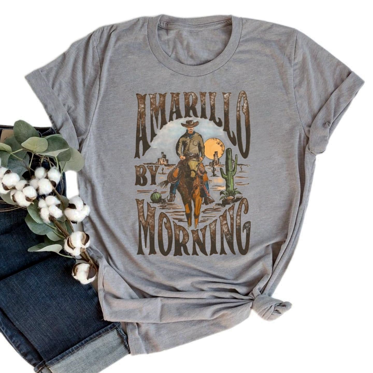 MuhuyiWomen Amarillo by Morning Shirt Western Cowboy Country Music T-Shirt Cowgirl Gift Graphic Tee(S,Grey)