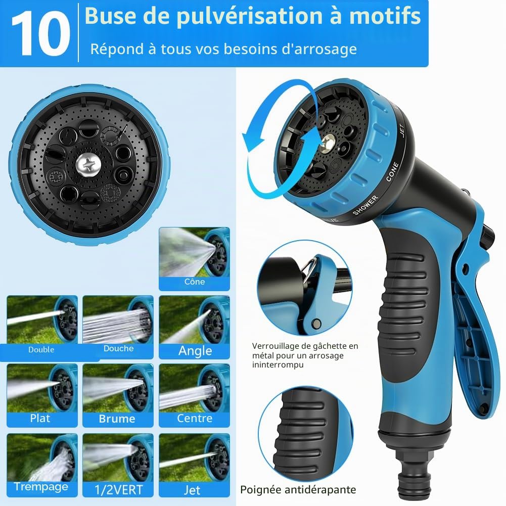 Tuyau d'Arrosage Extensible 30m, Flexible＆Léger, Tuyau d’Eau Réglable avec 1/2'' et 3/4'' Raccords, 10 Modes d'Arrosage pour Jardin, Irrigation, Nettoyage, Lavage de Voiture, Bain d'Animaux