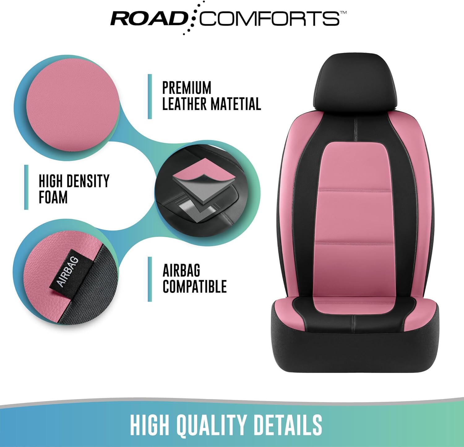 Road Comforts Car Seat Cover, Leather Car Seat Covers, Front Low Back Sport Seat Covers, Airbag Compatible, Universal Fits for Most Cars (Pink)