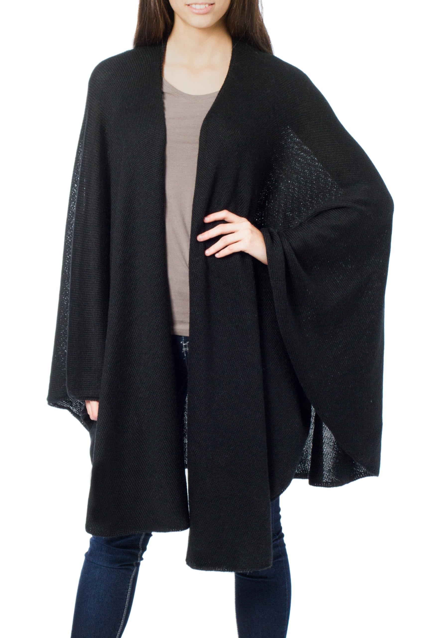 NOVICA Artisan Handmade Alpaca Blend wrap Wool Solid Black Ruana ...