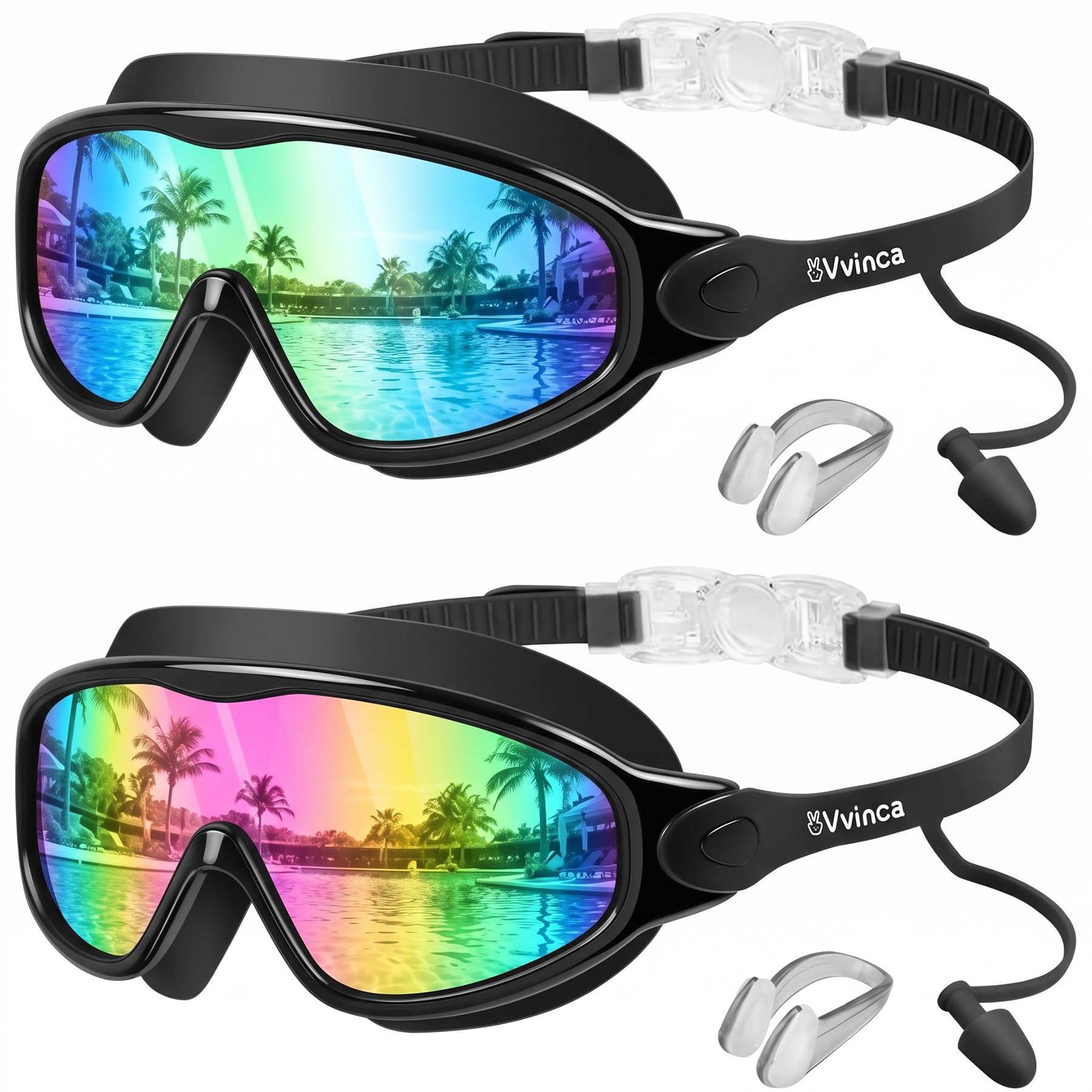 Vvinca Gafas de natación para niños con tapones para los oídos y clip para la nariz, visión amplia, antivaho, gafas de natación UV para niños y niñas de 3 a 15 años