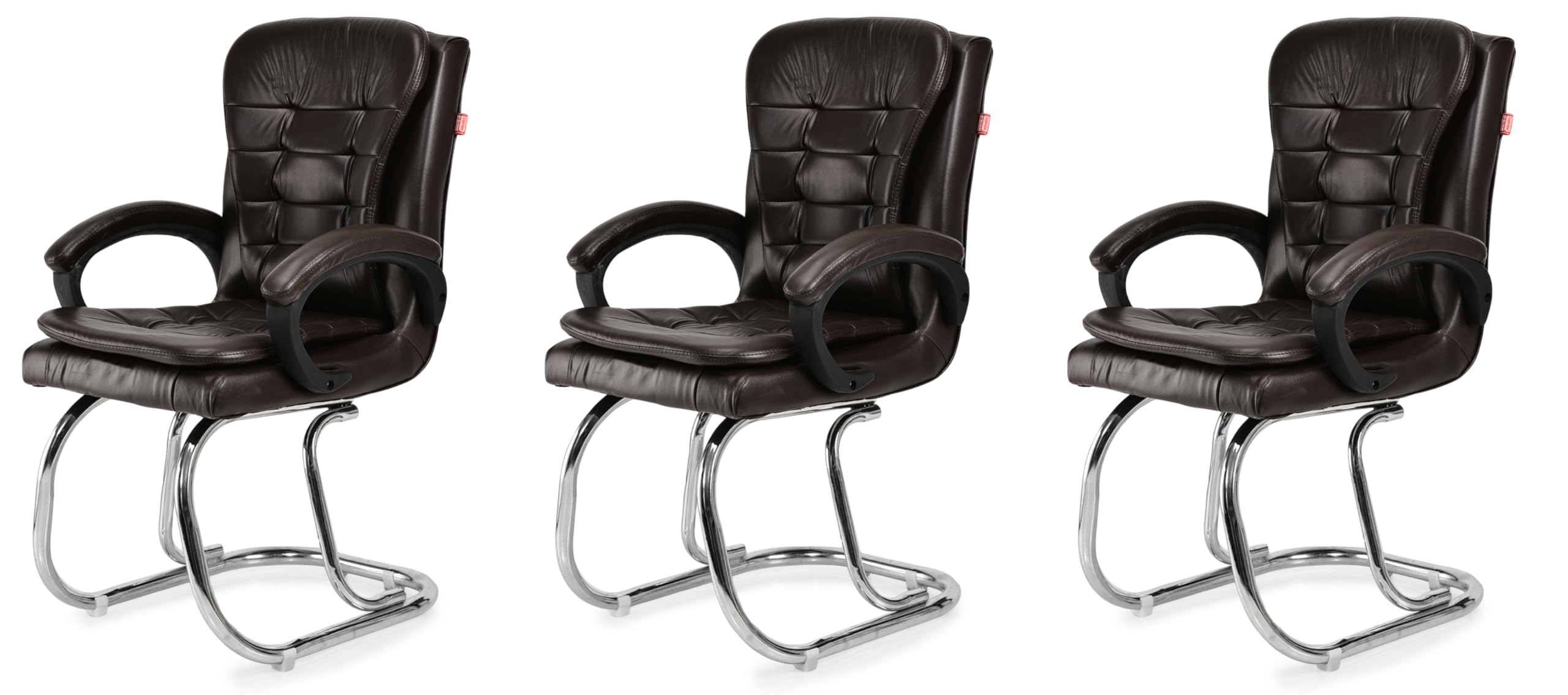 GOYALSON Leatherette Double Cushion Office Guest Chair Sleek, Comfortable Seating for Visitors in Lobby, Reception (3, Coffee, Double Pipe Chrome Steel Frame)