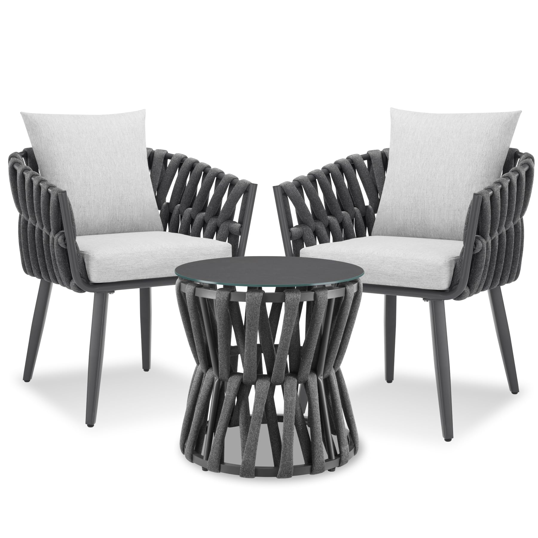 tectake® Set Salotto da Giardino esterno, 2 Sedie, 1 Tavolino da Salotto in vetro, Set Mobili da Esterno in Corda, Tavolo con Sedie Relax, Poltroncina Arredo Giardino, Piscina, Terrazza Balcone - Gray